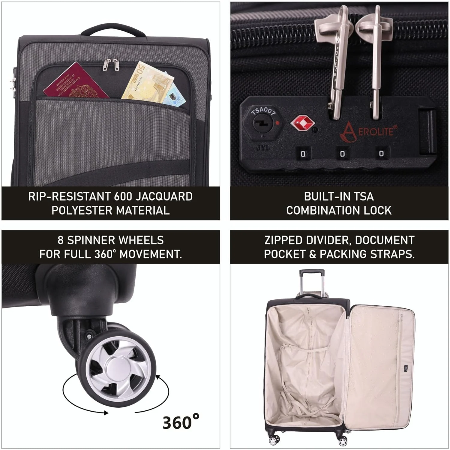 Aerolite 30" Super Lightweight Soft Shell Large Checked In Hold Luggage Suitcase with 8 Wheels, 108L Capacity, 10 Year Warranty - Image 3