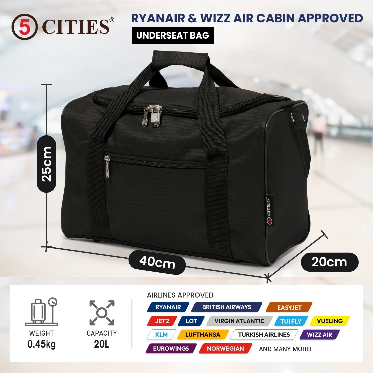 5 Cities (40x20x25cm) Hand Luggage Holdall Flight Bag, New and Improved 2025 Ryanair Maximum Sized Under Seat Cabin Holdall – Take The Max On Board - Image 2