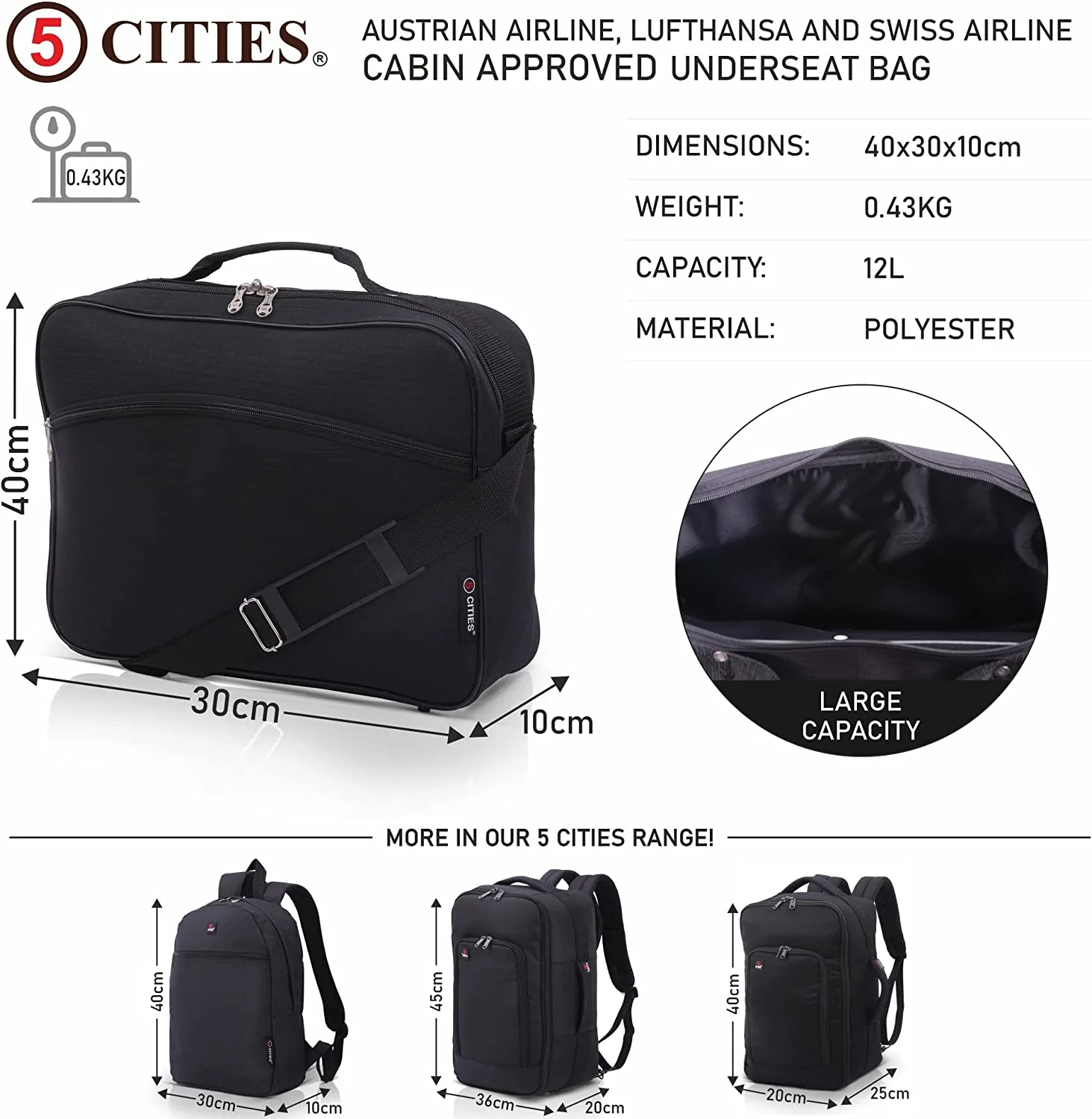 5 Cities (40x30x10cm) Lufthansa, Austrian Airlines, Swiss Airlines Maximum Size Holdall Under Seat Flight Bag, Black - Image 2