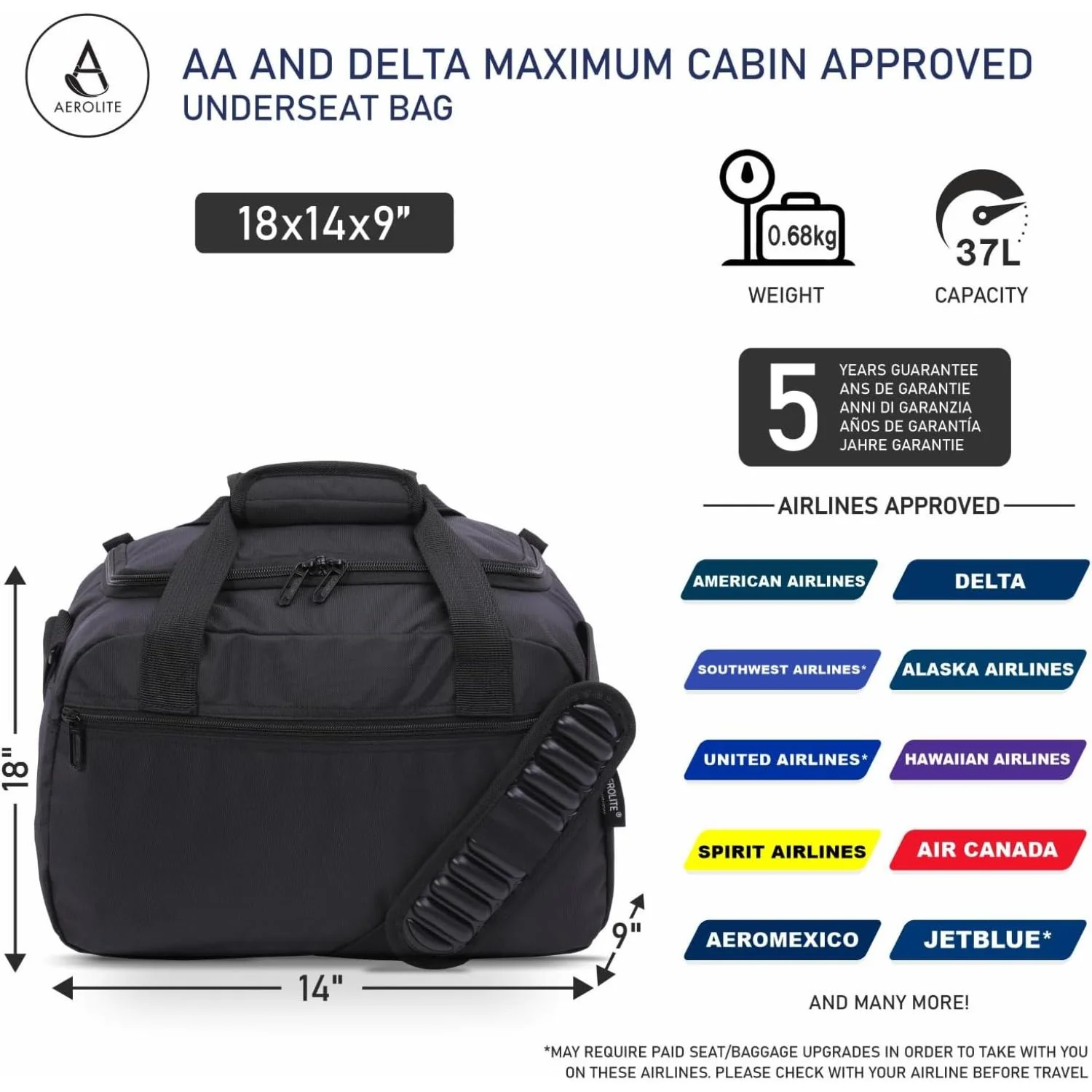 Aerolite 18x14x9” AA and Delta Maximum Size Cabin Bags with 5 Year Guarantee Foldable Carry On Premium Bag Holdall Small Lightweight Cabin Luggage Under seat Flight Travel Duffel Bag - Image 2