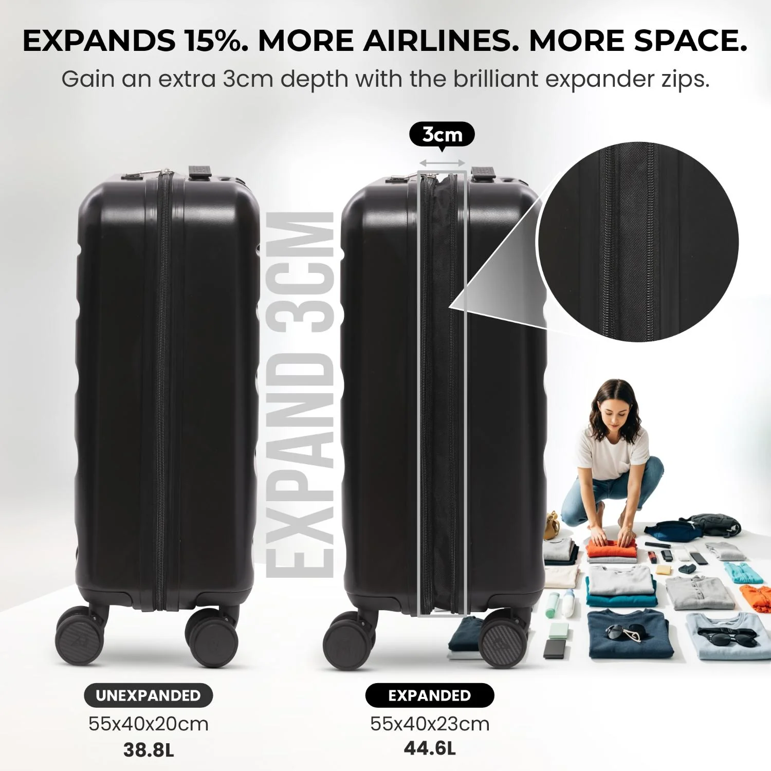 Aerolite 3-Piece Luggage Set – Lightweight Hard Shell Suitcases with 4 Dual Spinner Wheels & TSA Lock – Expandable Cabin (21”), Medium (24”), Large (28”) – Expandable Carry-On Case Included – Black - Image 5