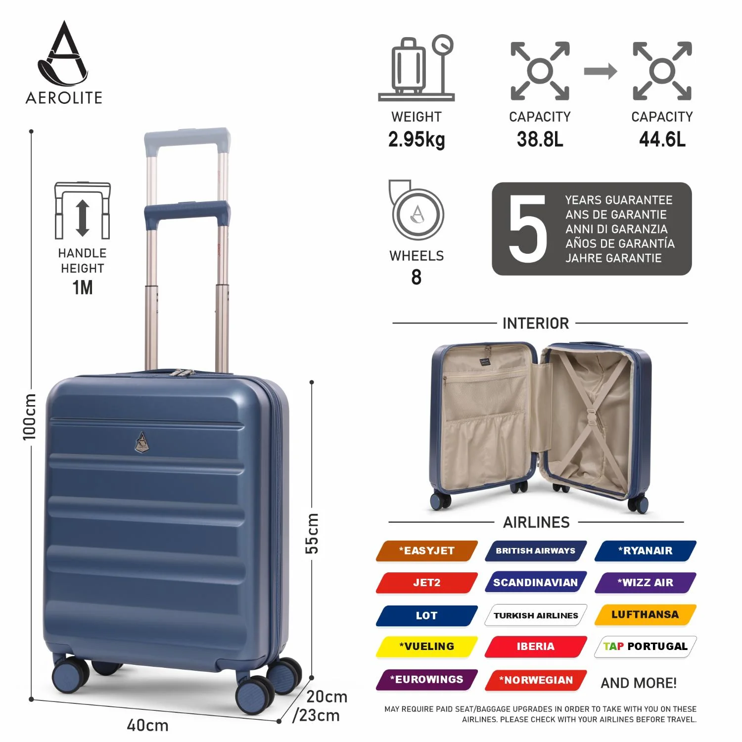 Aerolite 3-Piece Luggage Set – Lightweight Hard Shell Suitcases with 4 Dual Spinner Wheels & TSA Lock – Expandable Cabin (21”), Medium (24”), Large (28”) – Expandable Carry-On Case Included – Blue - Image 4