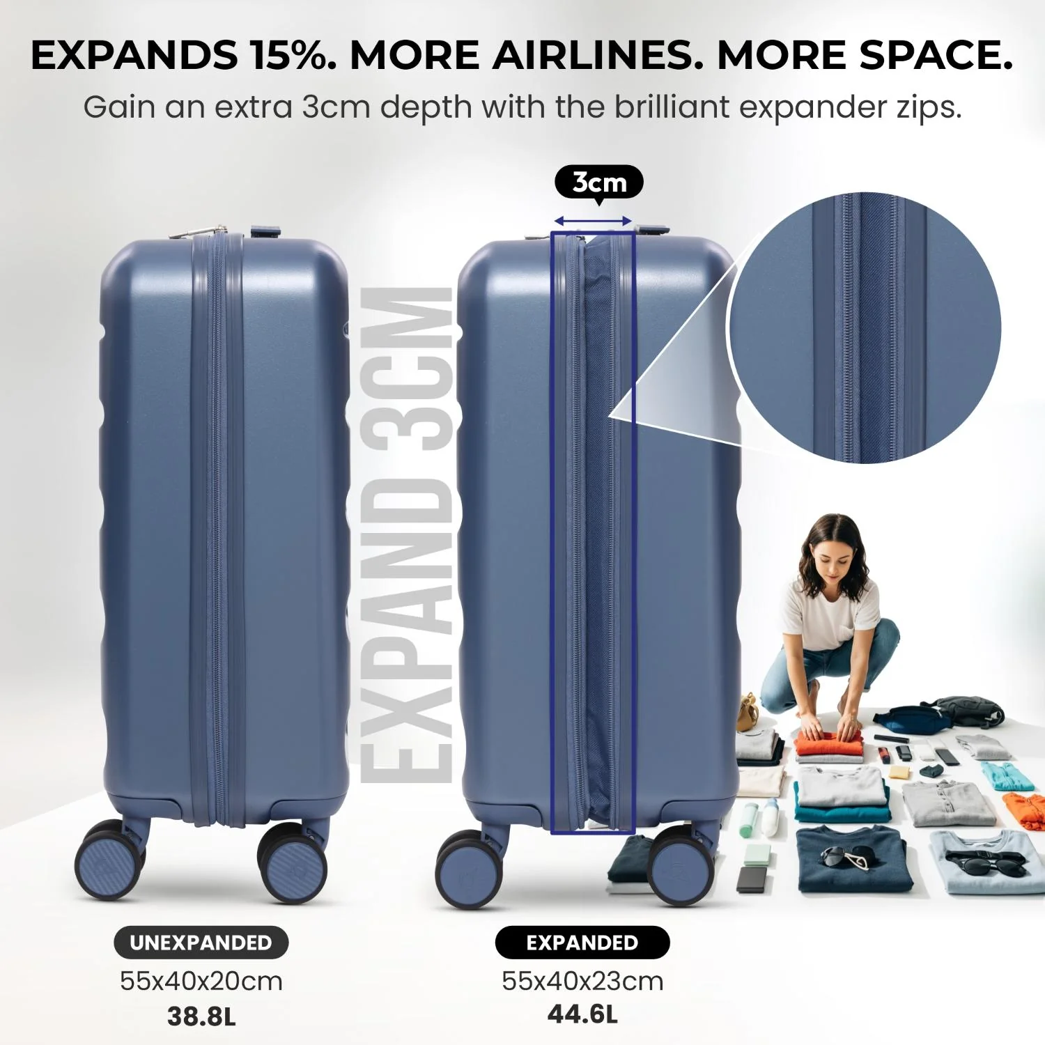 Aerolite 3-Piece Luggage Set – Lightweight Hard Shell Suitcases with 4 Dual Spinner Wheels & TSA Lock – Expandable Cabin (21”), Medium (24”), Large (28”) – Expandable Carry-On Case Included – Blue - Image 5