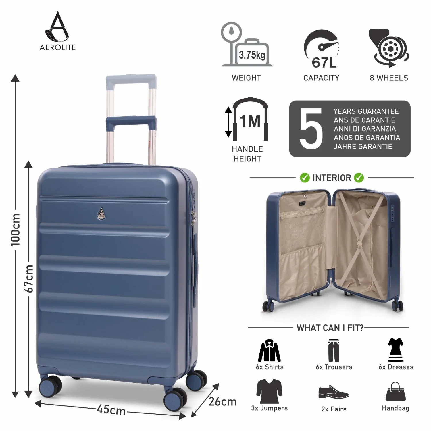 Aerolite 24” Medium 67L ABS-polycarbonate Check-In Suitcase – Lightweight Hard Shell Luggage with 4 Spinner Wheels, TSA Lock & Organised Interior – Blue - Image 2