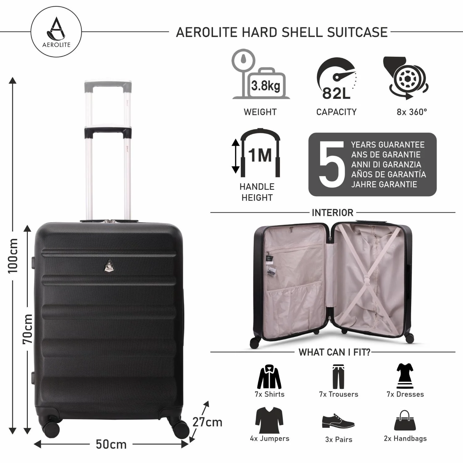 Aerolite 25" Medium Lightweight Hard Shell Checked In Hold Luggage Suitcase with 8 Wheels, 82L Capacity, 70x50x27cm - Image 12