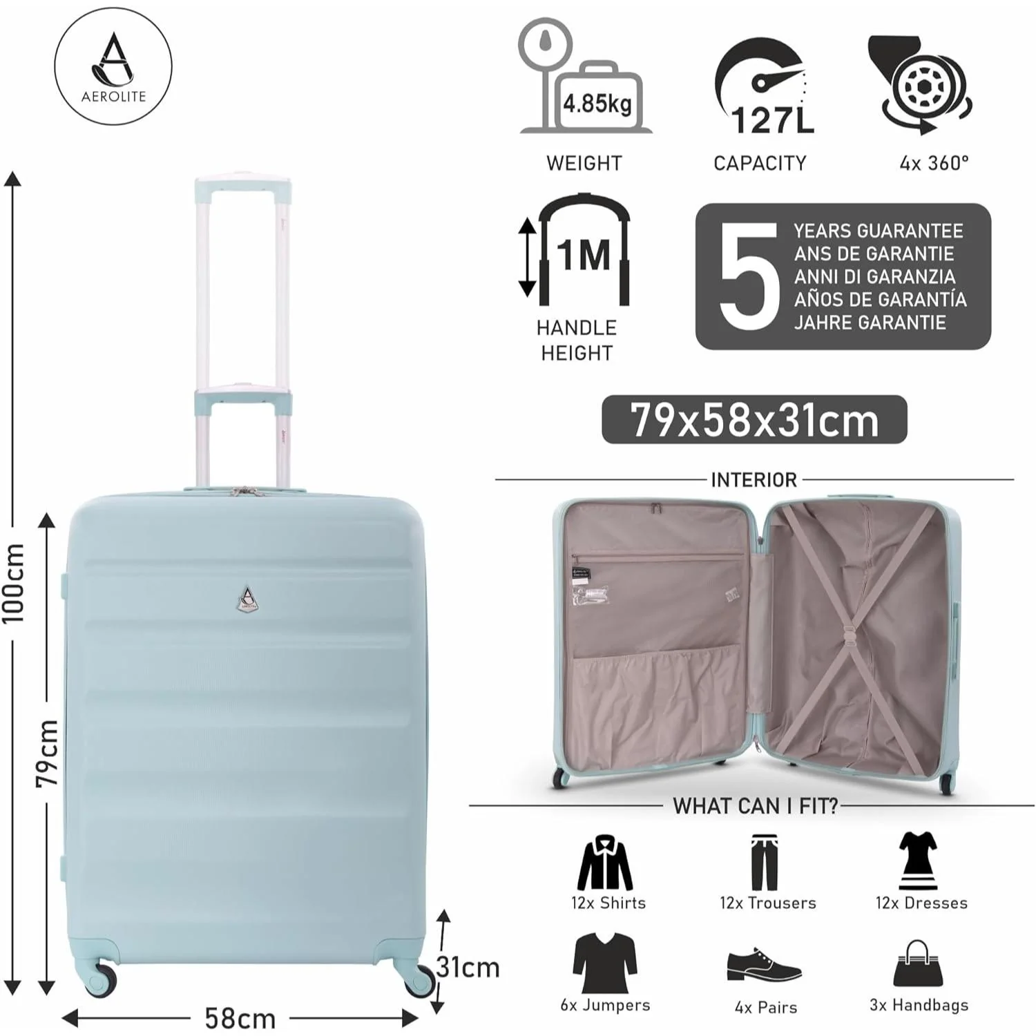 Aerolite 29" Large Lightweight Hard Shell Luggage Suitcase Spinner Suitcase with 4 Wheels, (79x58x31cm), 127L - Image 8