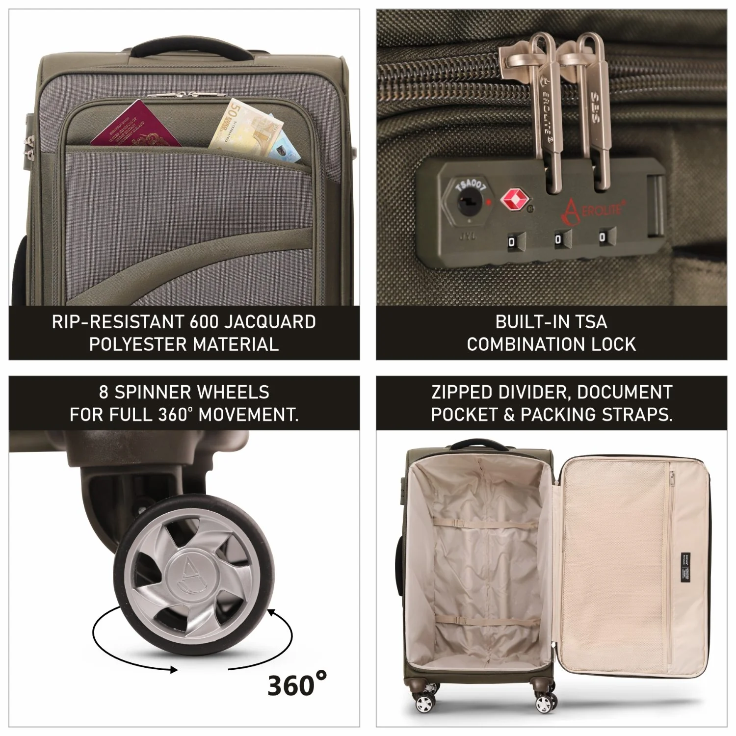 Aerolite 26" Super Lightweight Soft Shell Medium Checked In Hold Luggage Suitcase with 8 Wheels, 67L Capacity - Midnight Fern - Image 3