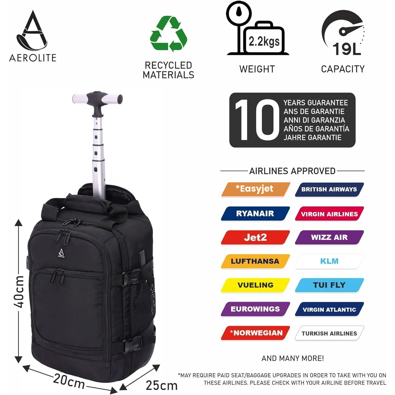Aerolite 40x20x25cm Approved for Ryanair Premium Quality  Eco-Friendly Backpack Trolley with 2 Wheels, Extendable Handle, 10 Years Brand Warranty - Image 3