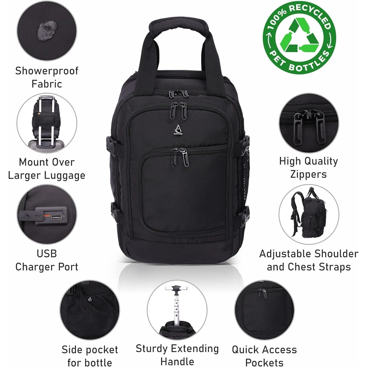 Aerolite 40x20x25cm Approved for Ryanair Premium Quality  Eco-Friendly Backpack Trolley with 2 Wheels, Extendable Handle, 10 Years Brand Warranty - Image 4