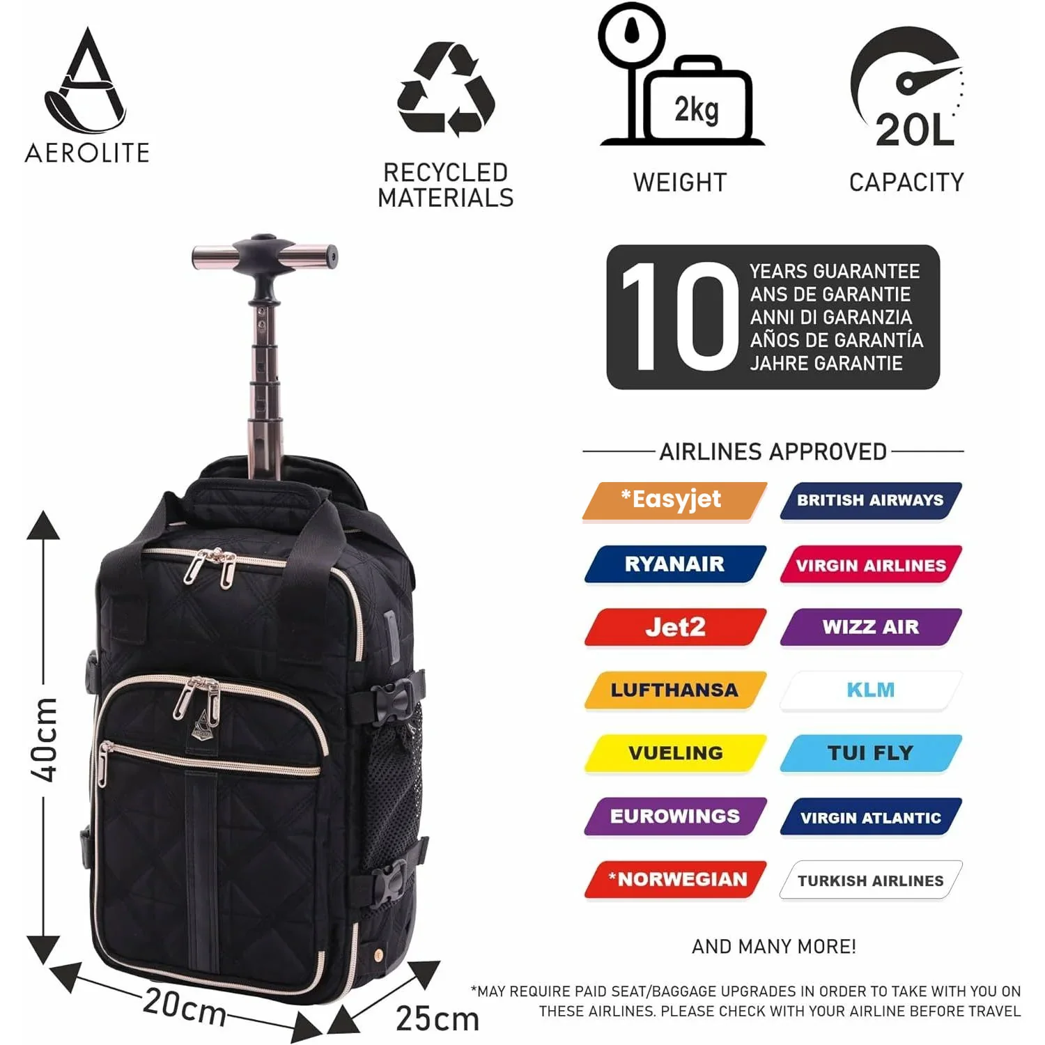 Aerolite 40x20x25cm Ryanair Approved Eco-Friendly Superior Premium Quality Backpack Trolley Bag with 2 Wheels, Extendable Handle, 10 Year Brand Warranty (Quilted) - Image 10