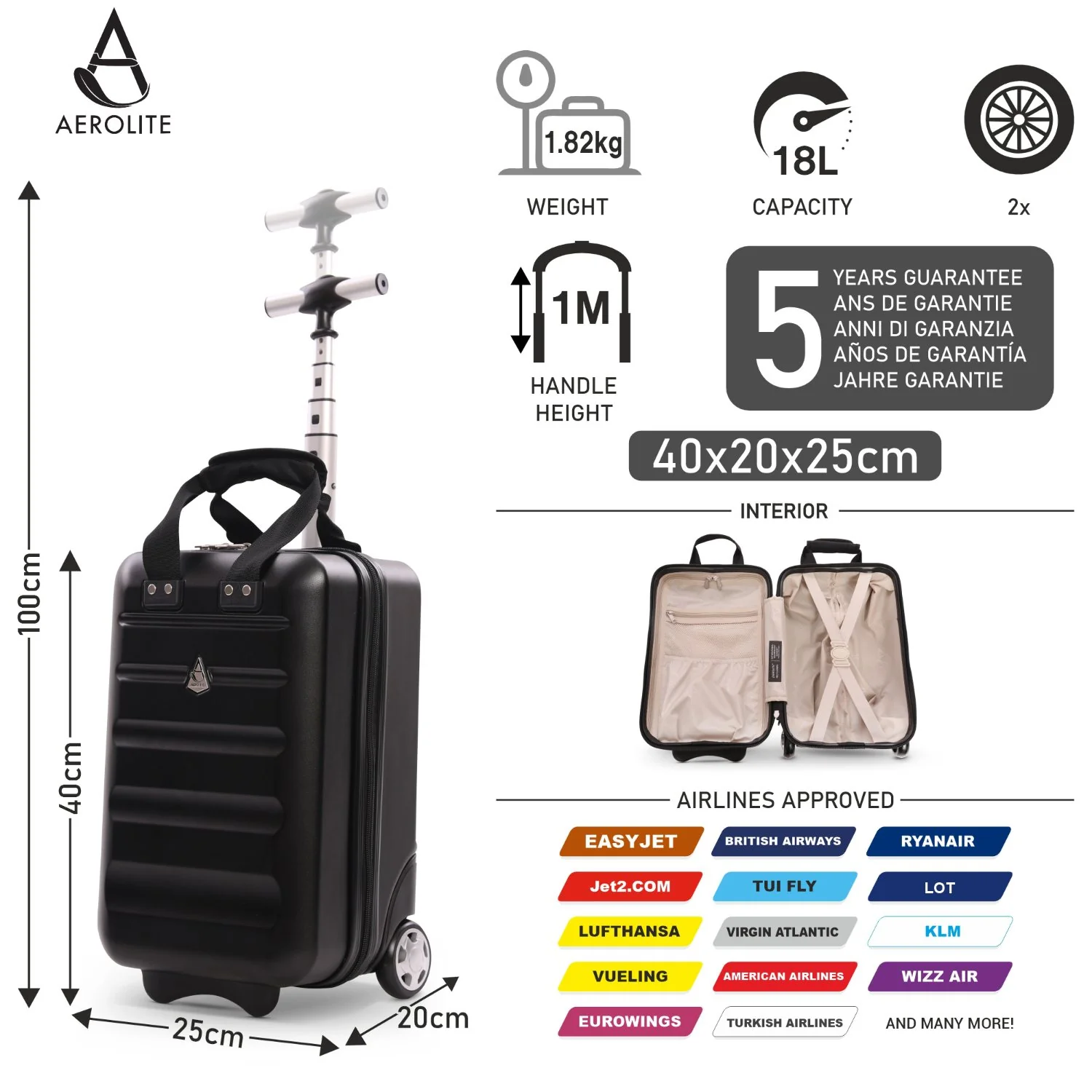 Aerolite Ryanair Approved Cabin Bag 40x20x25cm– Lightweight 2-Wheel Hard Shell Underseat Trolley with TSA Lock – Eco-Friendly Interior – Black - Image 2