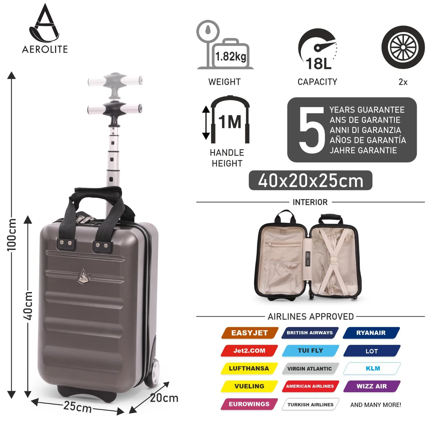 Aerolite 40x20x25cm Ryanair Approved Cabin Bag – Lightweight 2-Wheel Hard Shell Underseat Luggage with TSA Lock – Eco-Friendly Interior – Charcoal - Image 2