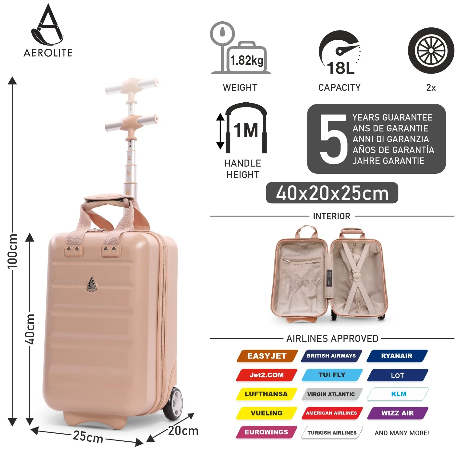 Aerolite Ryanair Approved Cabin Bag 40x20x25cm – Lightweight 2-Wheel Hard Shell Underseat Trolley with TSA Lock – Eco-Friendly Interior – Beige - Image 2