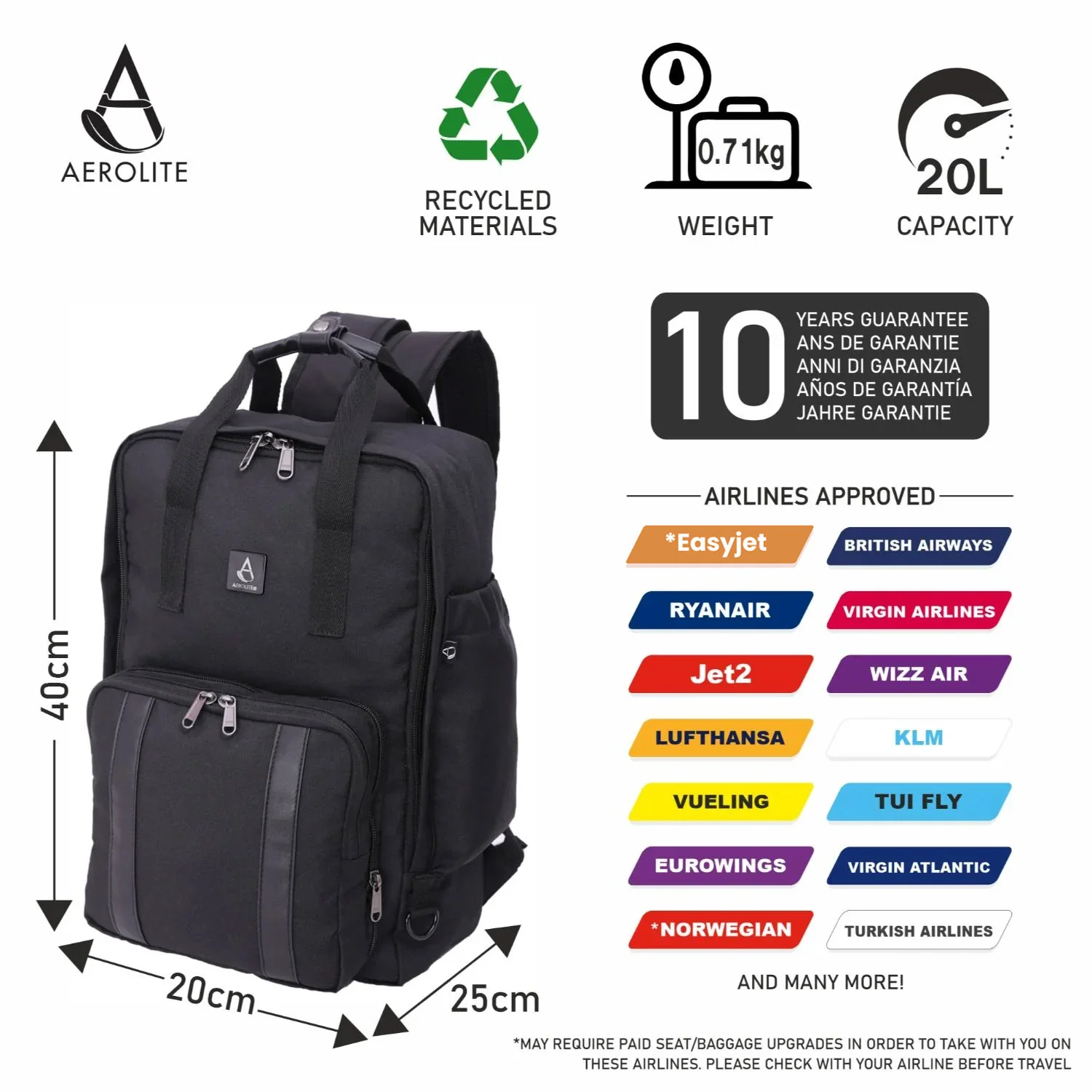 Aerolite 40x20x25cm Approved for Ryanair Premium Eco-Friendly Backpack With Removable Small Carry Pouch, Shower-Resistant Cabin Rucksack with 10 Years Brand Warranty - Image 5