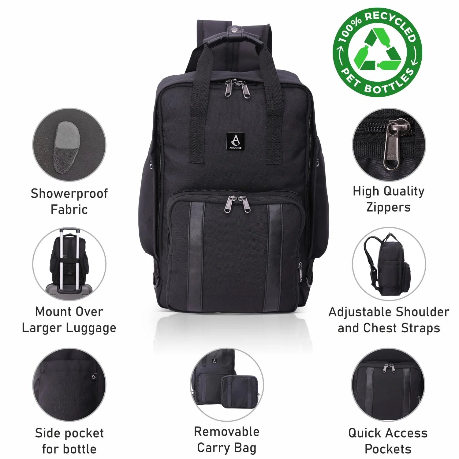 Aerolite 40x20x25cm Approved for Ryanair Premium Eco-Friendly Backpack With Removable Small Carry Pouch, Shower-Resistant Cabin Rucksack with 10 Years Brand Warranty + Luggage Scale + TSA Lock - Image 7