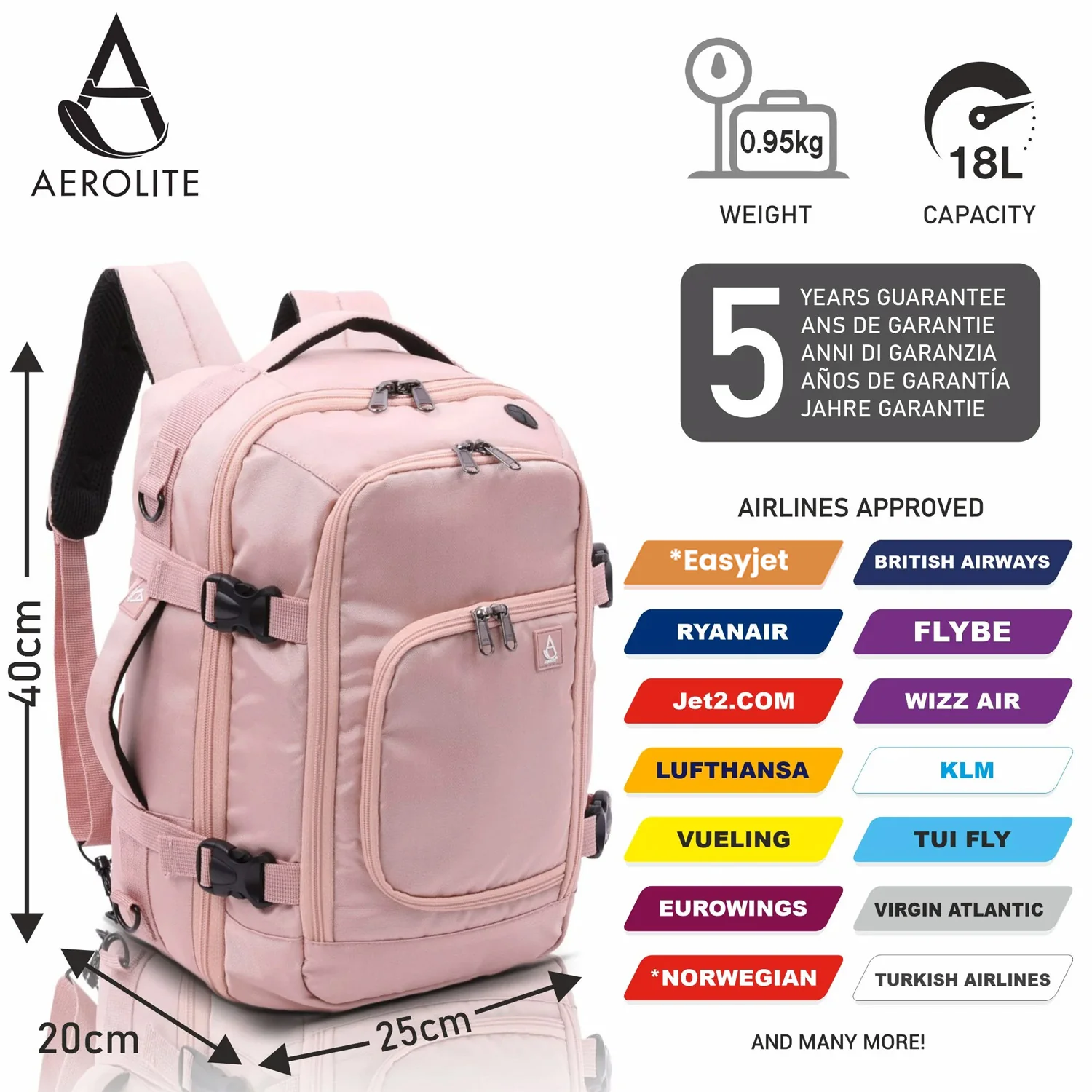 Aerolite (40x20x25cm) Backpack/Rucksack Approved for Ryanair with YKK Zippers, Built-in USB Charging Port, Black - Image 13