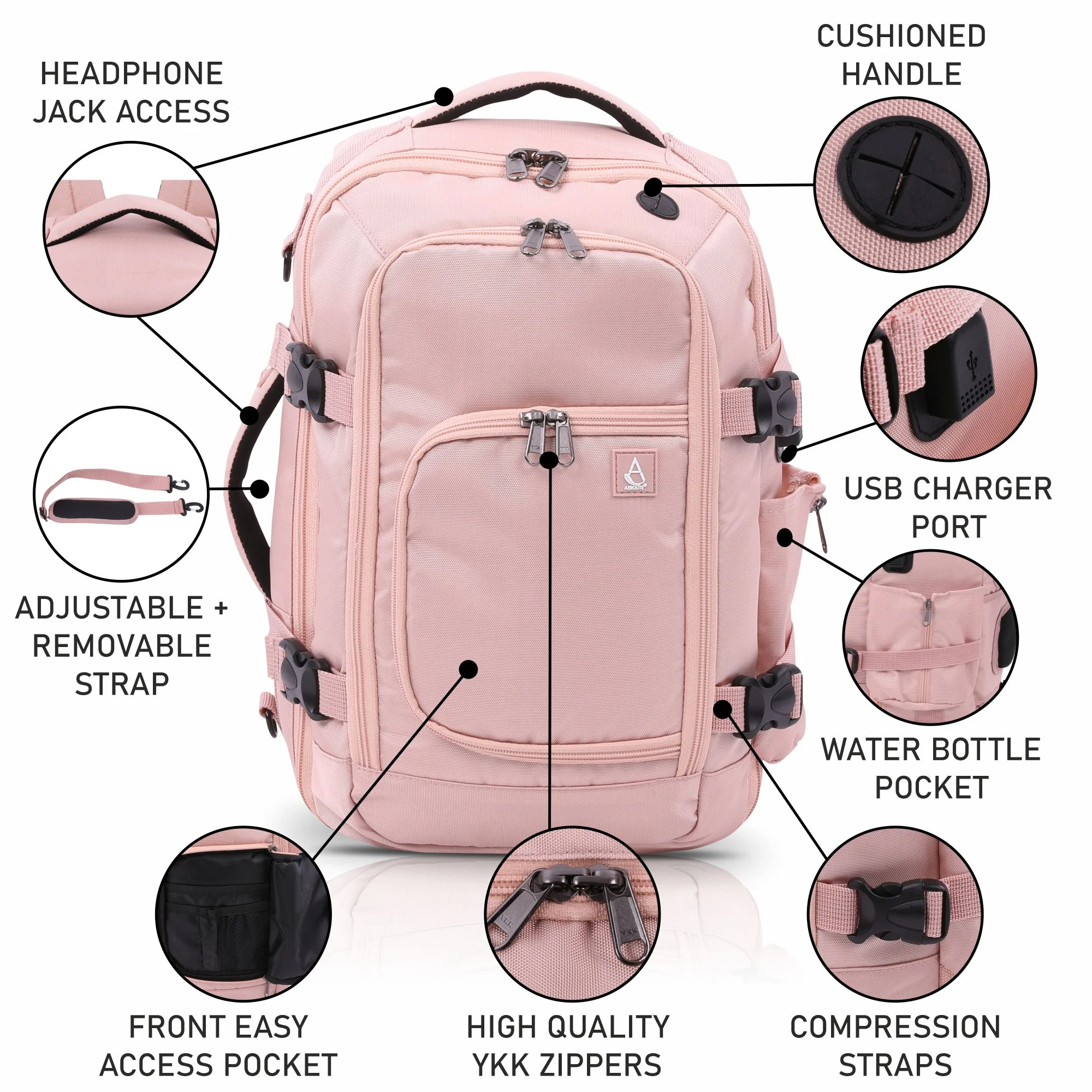 Aerolite (40x20x25cm) Backpack/Rucksack Approved for Ryanair with YKK Zippers, Built-in USB Charging Port, Black - Image 14