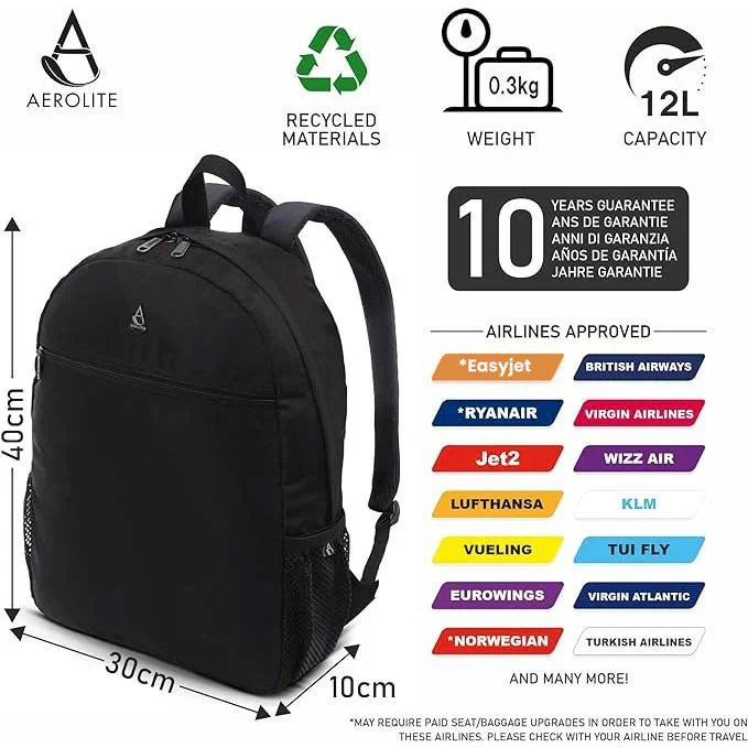 Aerolite 40x30x10 Lufthansa Maximum Size Backpack Recycled Eco-Friendly Shower-Resistant Cabin Luggage Travel Approved For British Airways, easyJet Swiss and Austrian Airlines with 10 Year Warranty - Image 7