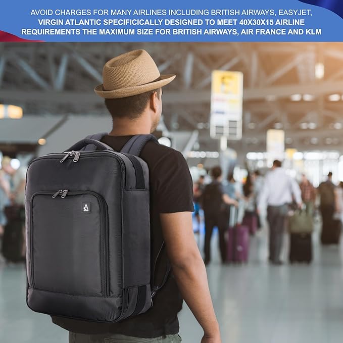 AEROLITE British Airways Max (40x30x15cm) New and Improved, Max Size For BA, KLM, Air France, Approved For EasyJet, Virgin Atlantic Under Seat Flight Backpack, Black - Image 6