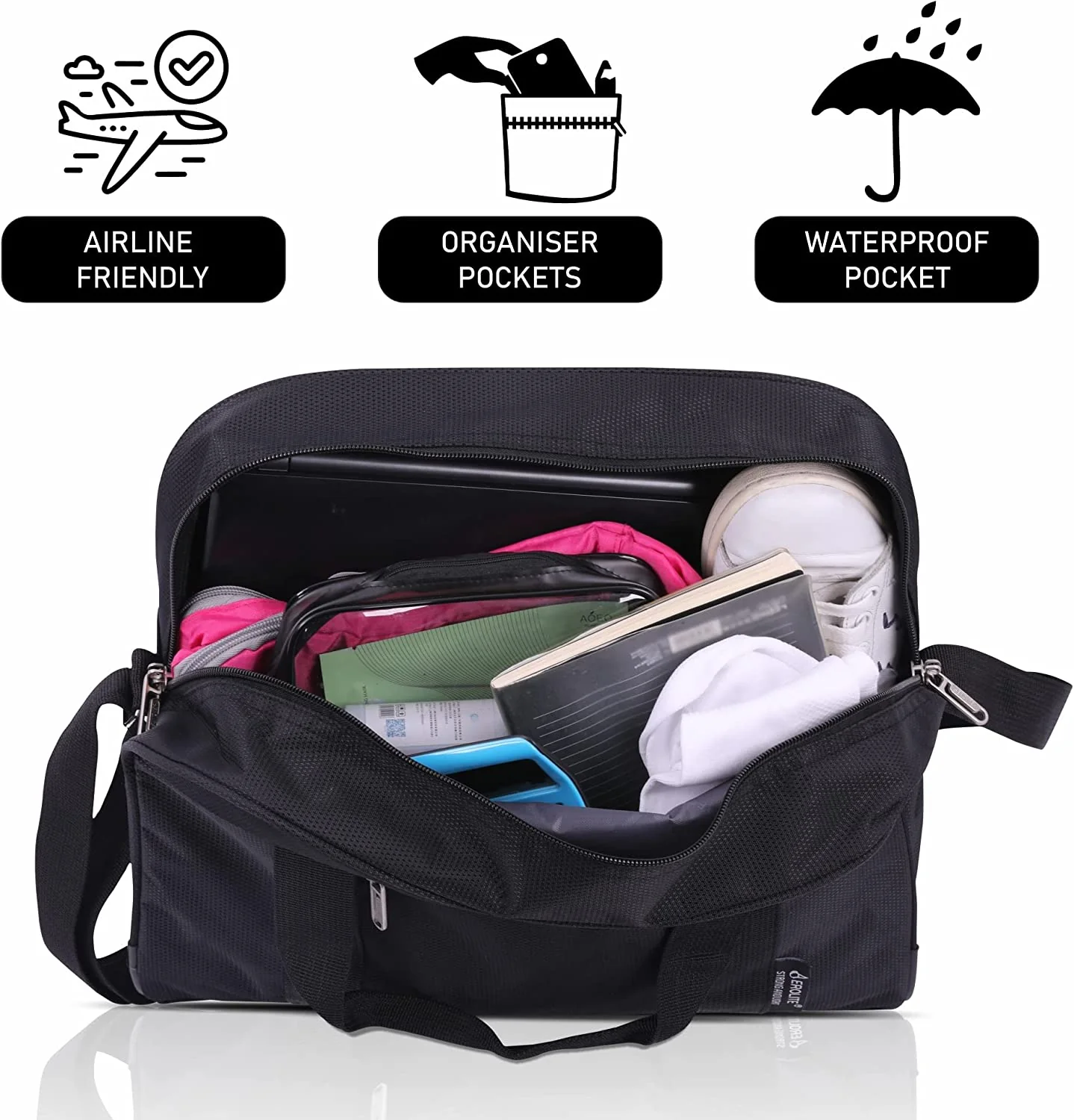 AEROLITE (40x30x15cm) British Airways Maximum, KLM, Air France, Turkish Airlines Maximum Allowance Size Holdall, Cabin Luggage Under Seat Flight Bag, Black - Image 3