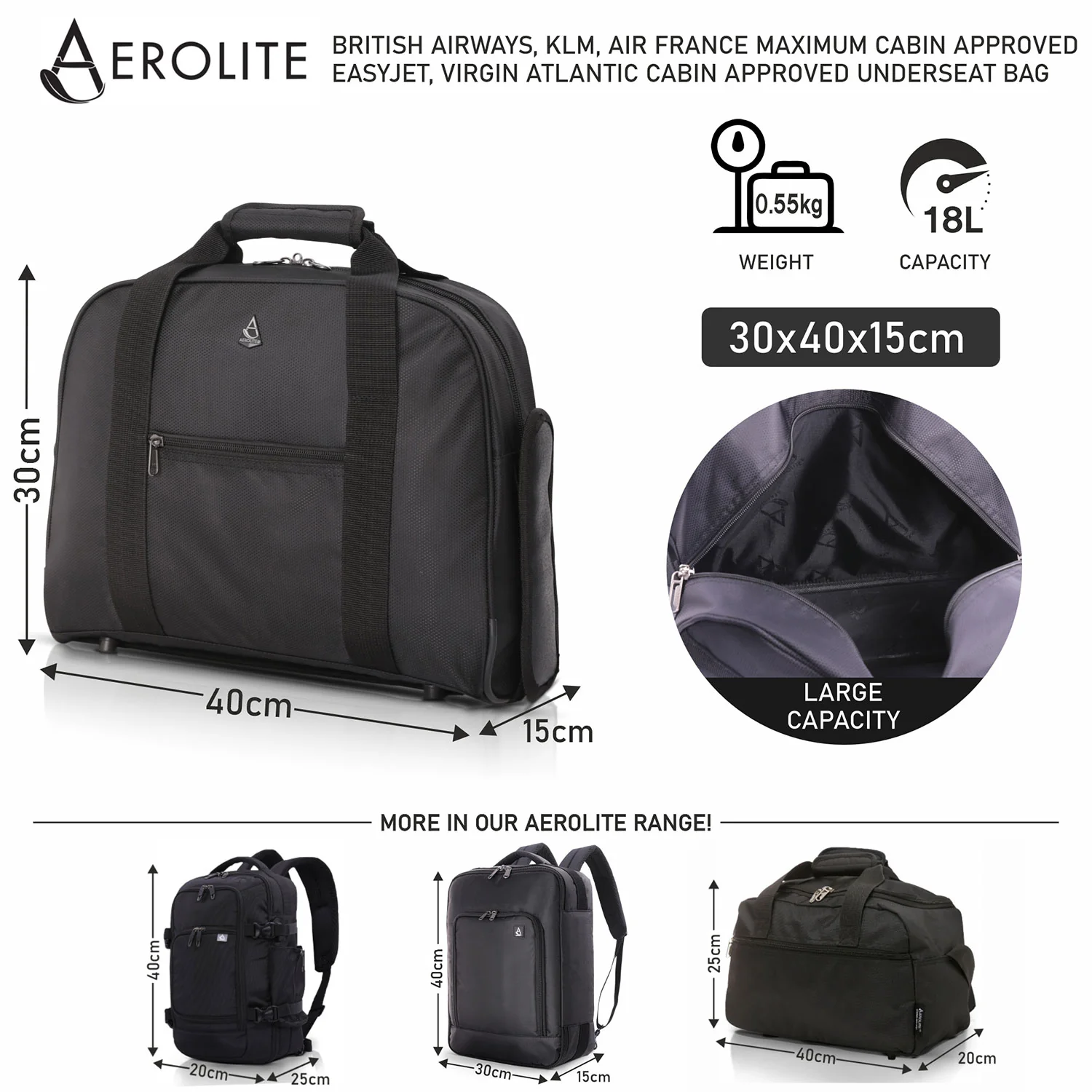 AEROLITE (40x30x15cm) British Airways Maximum, KLM, Air France, Turkish Airlines Maximum Allowance Size Holdall, Cabin Luggage Under Seat Flight Bag, Black - Image 6