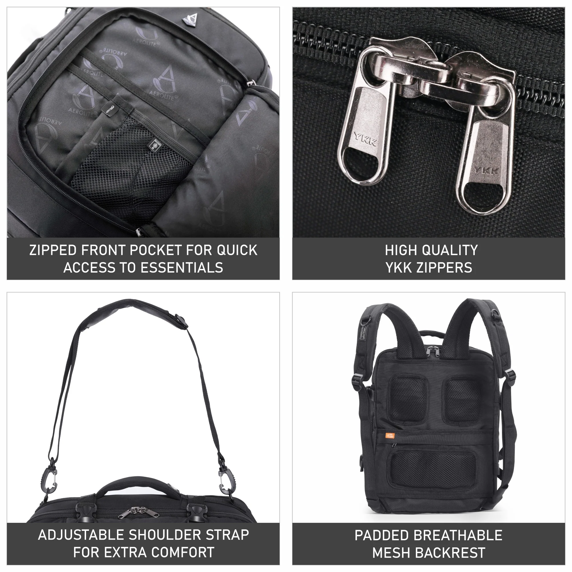 Aerolite 40x30x20cm Ryanair & Wizz Air Underseat Travel Backpack – Cabin Size Hand Luggage with USB Charging Port, RFID Pocket, Wet Compartment, YKK Zippers & Luggage Strap (Black) - Image 3