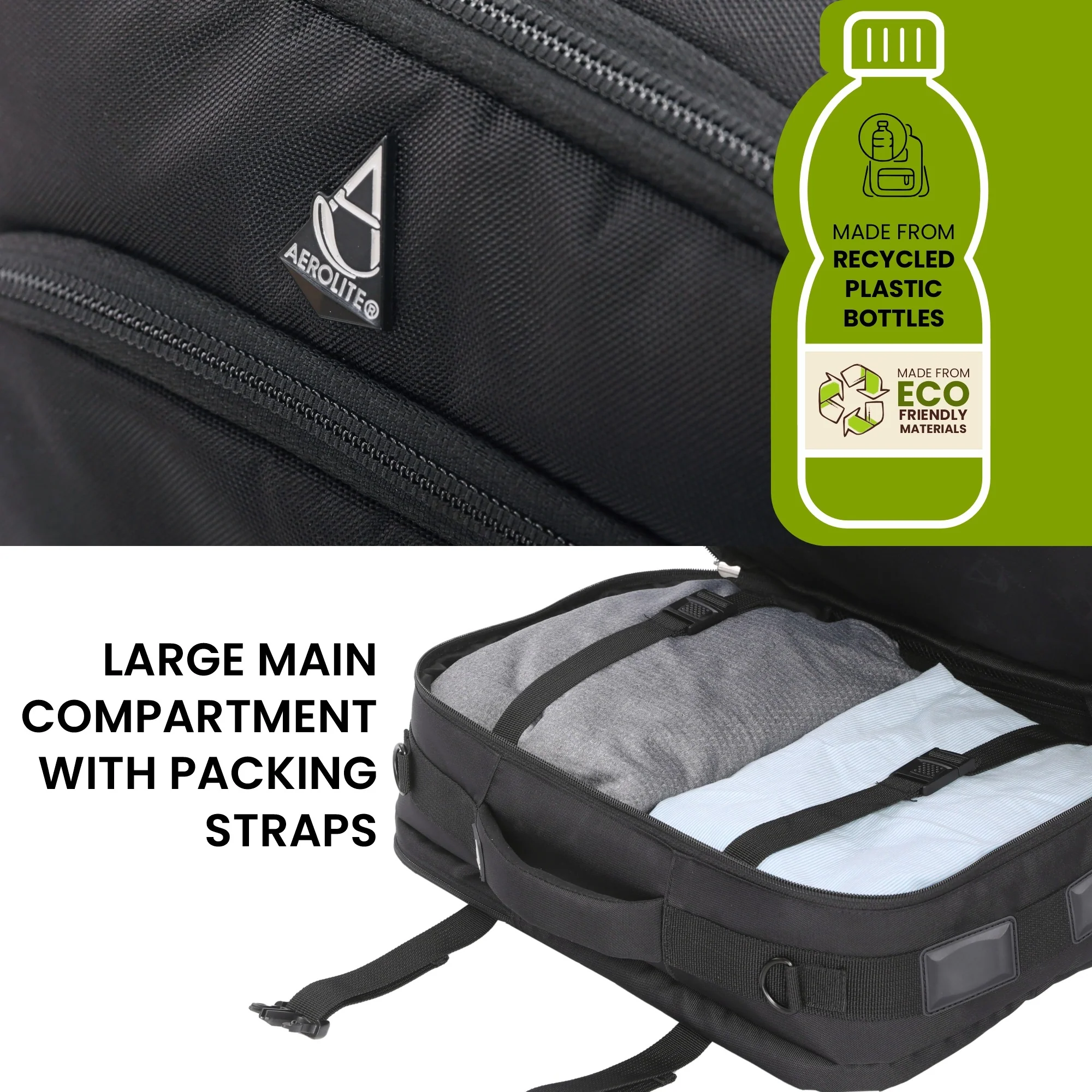 Aerolite 40x30x20cm Ryanair & Wizz Air Underseat Travel Backpack – Cabin Size Hand Luggage with USB Charging Port, RFID Pocket, Wet Compartment, YKK Zippers & Luggage Strap (Black) - Image 4