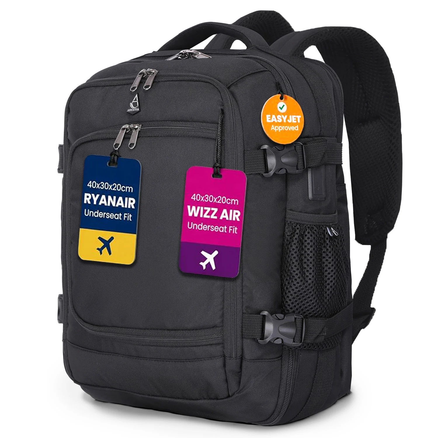 Aerolite 40x30x20cm Ryanair & Wizz Air Underseat Travel Backpack – Cabin Size Hand Luggage with USB Charging Port, RFID Pocket, Wet Compartment, YKK Zippers & Luggage Strap (Black) - Image 9