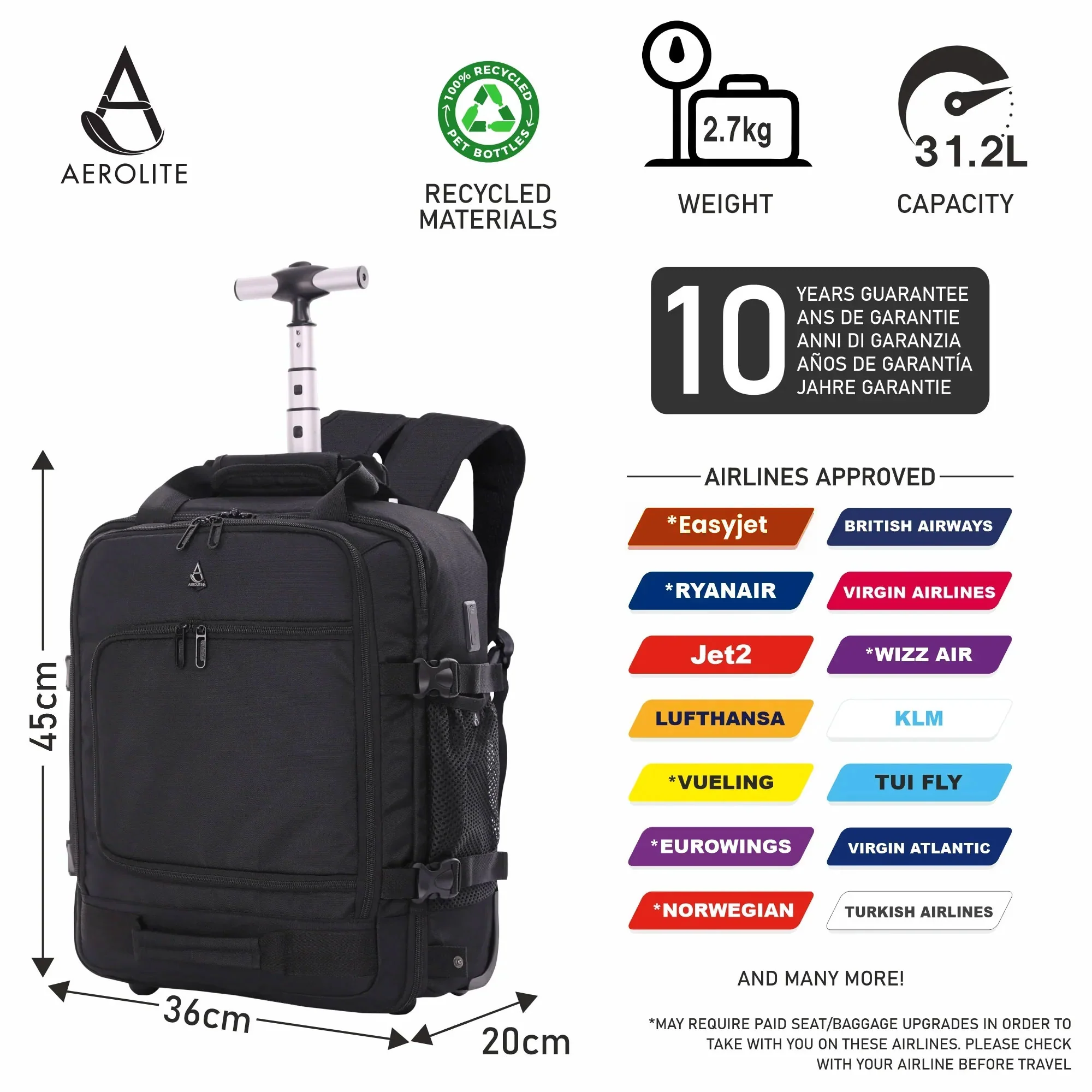 Aerolite 45x36x20cm Easyjet Maximum Size Premium Backpack Trolley Bag With 2 Wheels Recycled Eco-Friendly Cabin Luggage with Extendable Handle, 10 Year Warranty - Image 3