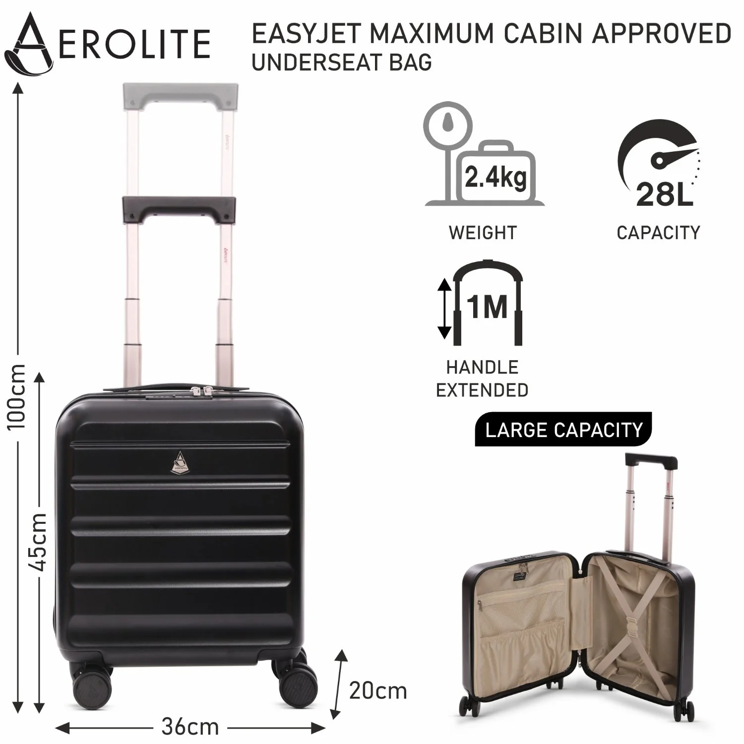 Aerolite 45x36x20cm EasyJet Cabin Suitcase – Underseat Hard Shell Carry On Luggage with 8 Spinner Wheels, TSA Lock & ABS Shell, Lightweight 28L Cabin Bag (Black) - Image 2
