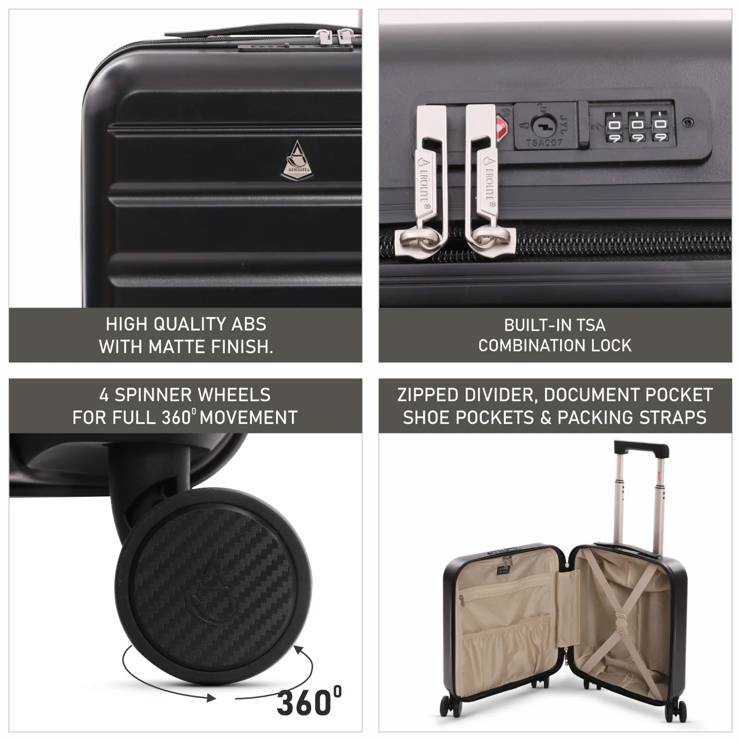 Aerolite 45x36x20cm EasyJet Cabin Suitcase – Underseat Hard Shell Carry On Luggage with 8 Spinner Wheels, TSA Lock & ABS Shell, Lightweight 28L Cabin Bag (Black) - Image 3