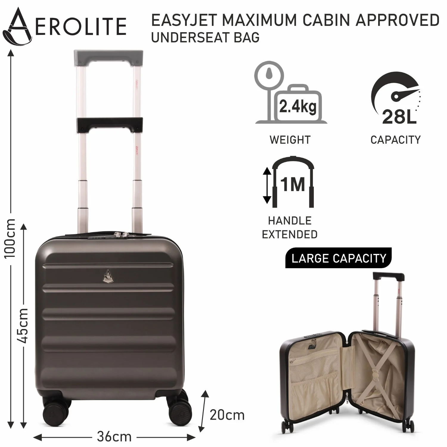 Aerolite 45x36x20cm EasyJet Cabin Suitcase – Underseat Hard Shell Carry On Luggage with 8 Spinner Wheels, TSA Lock & ABS Shell, Lightweight 28L Cabin Bag (Charcoal) - Image 2