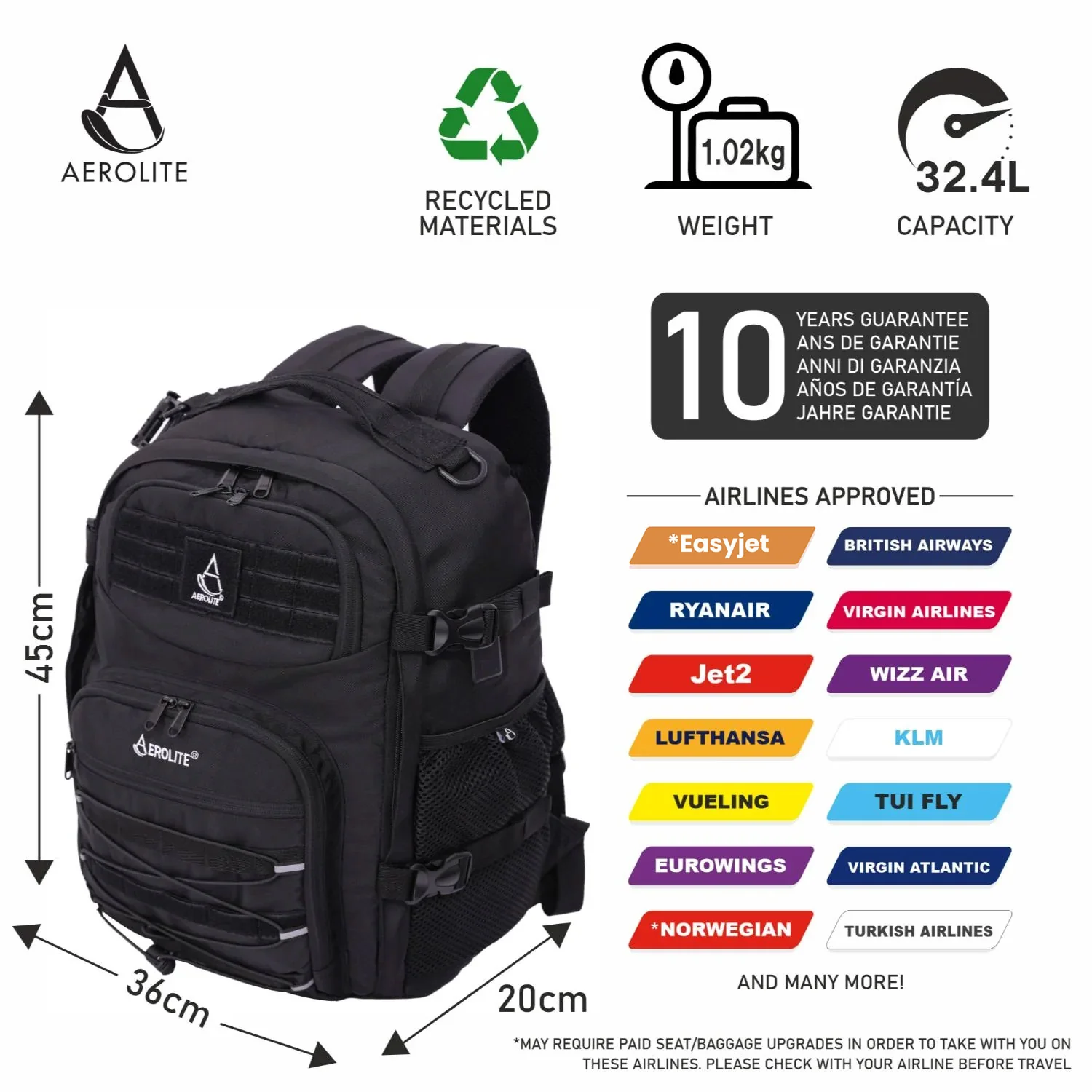 Aerolite 45x36x20cm Easyjet Maximum Premium Quality Tactical Backpack, Made From Recycled Eco-Friendly Shower-Resistant Material, 10 Year Brand Warranty - Image 3