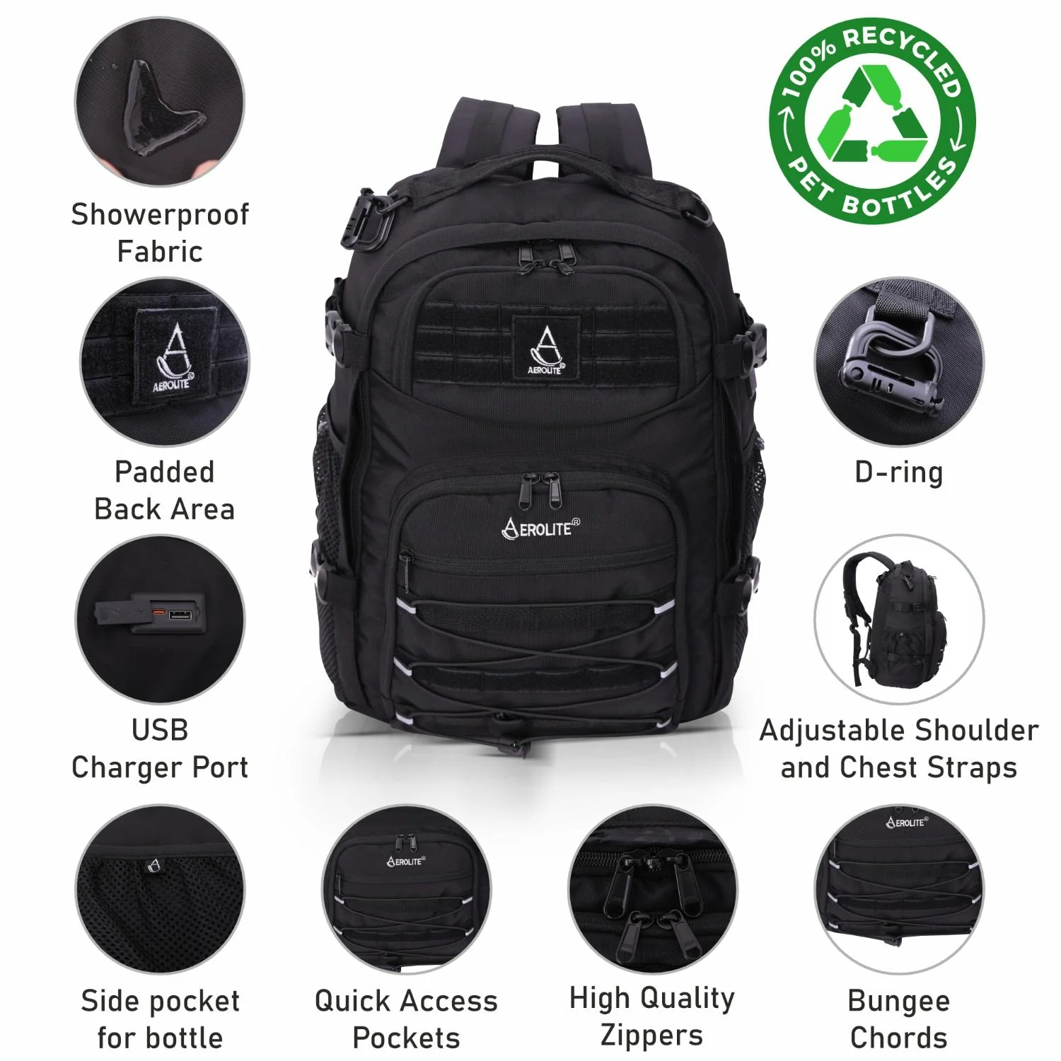 Aerolite 45x36x20cm Easyjet Maximum Premium Quality Tactical Backpack, Made From Recycled Eco-Friendly Shower-Resistant Material, 10 Year Brand Warranty + Luggage Scale + TSA Lock - Image 6