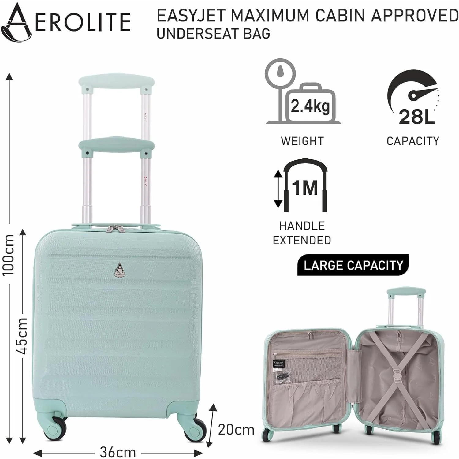 Aerolite 45x36x20cm Easyjet Maximum Size Hard Shell Carry On Hand Cabin Luggage Underseat Flight Suitcase with 4 Wheels - Image 6