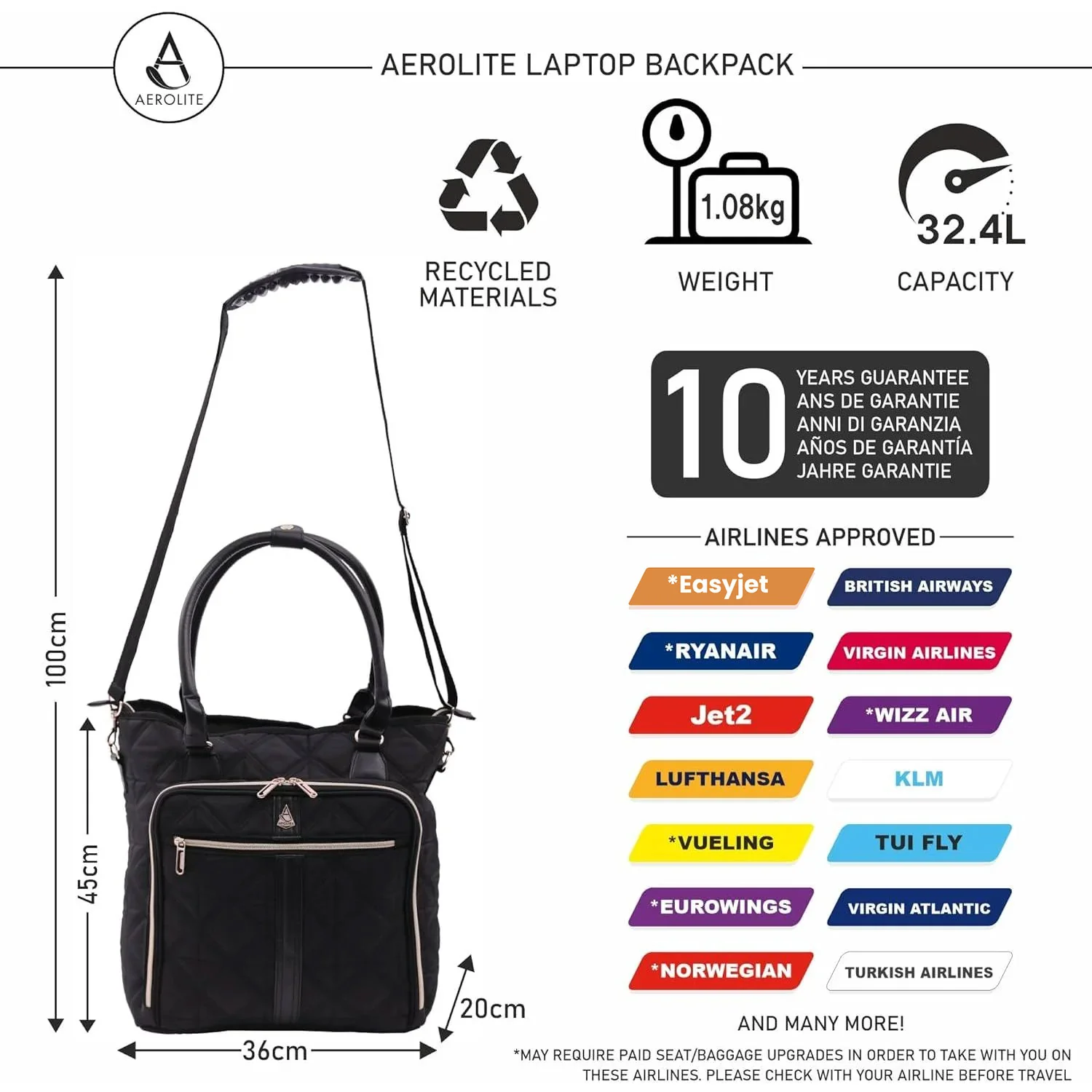 Aerolite 16.5” Quilted Ladies Laptop Bag – Elegant Travel Tote, Carry-On Hand Luggage, 45x36x20cm, Padded Shoulder Strap, 10-Year Warranty - Image 11