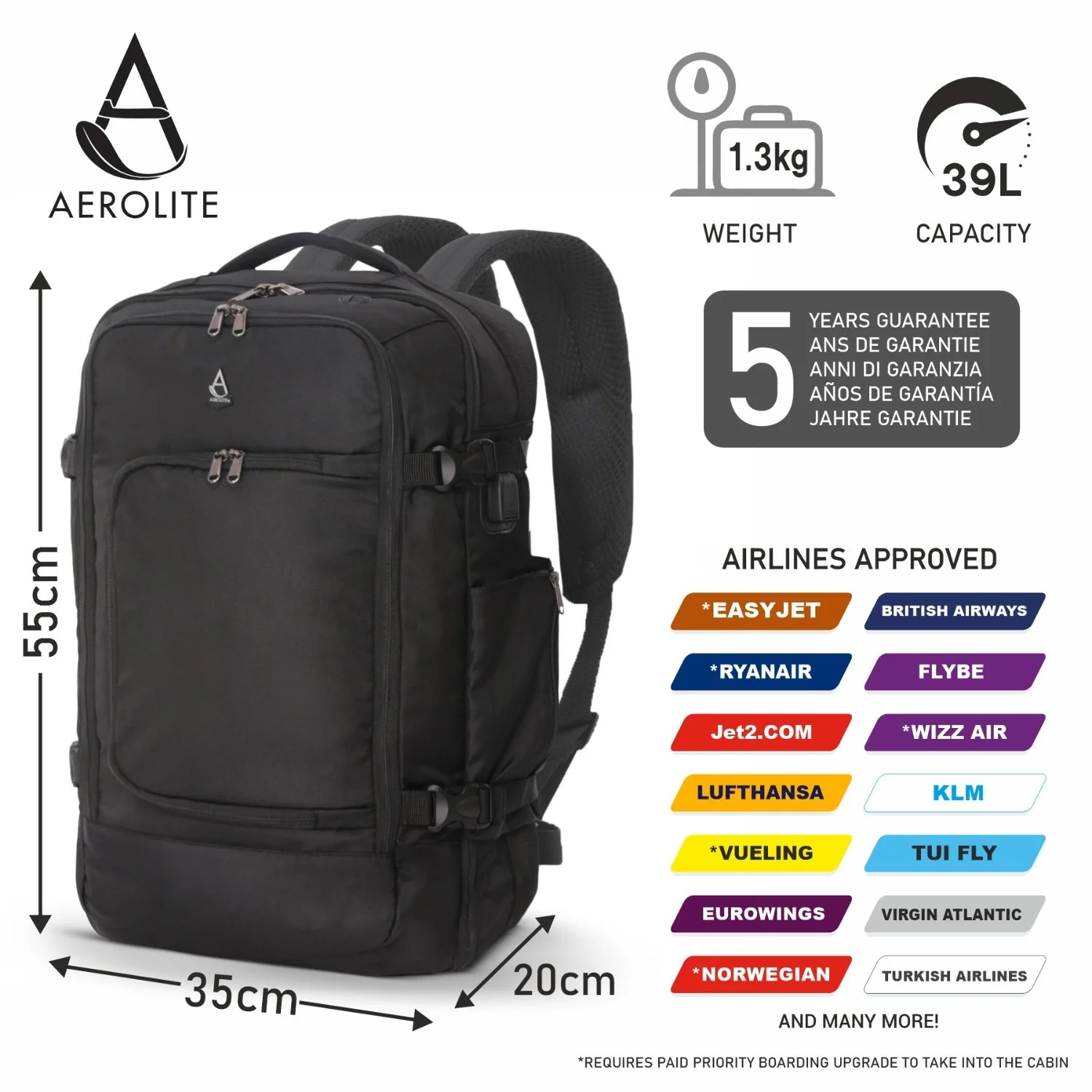 Aerolite (55x35x20cm) 39L Cabin Luggage Laptop Backpack Rucksack With YKK Zippers Fits Up To 15.6" Laptop, Approved for Ryanair (Priority), easyJet Plus, British Airways & Many More - Image 5