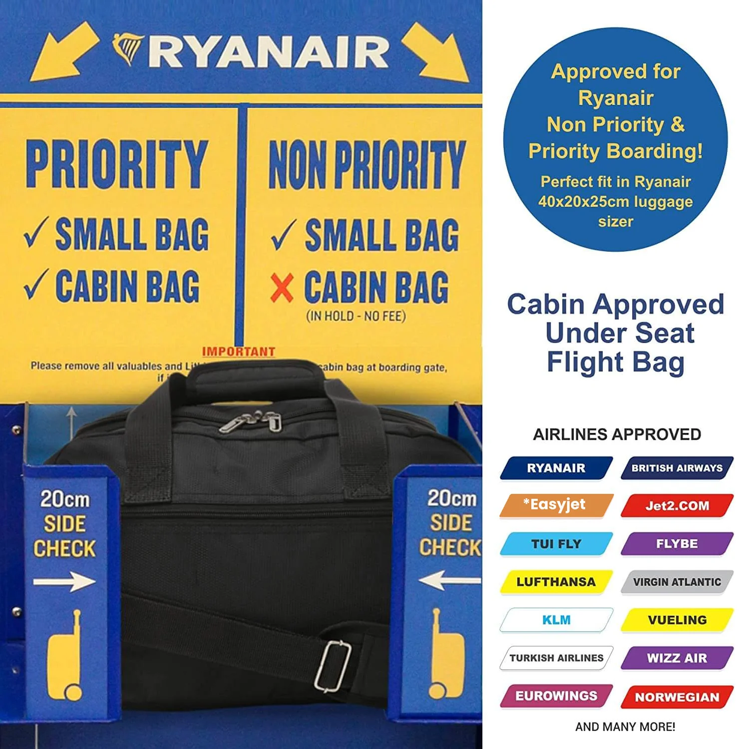 Aerolite Ryanair Bundle (55x35x20cm) Lightweight ABS Hard Shell Travel Carry On Cabin Suitcase + (40x20x25cm) Ryanair MAXIMUM Sized Holdall Cabin Bag - Image 14