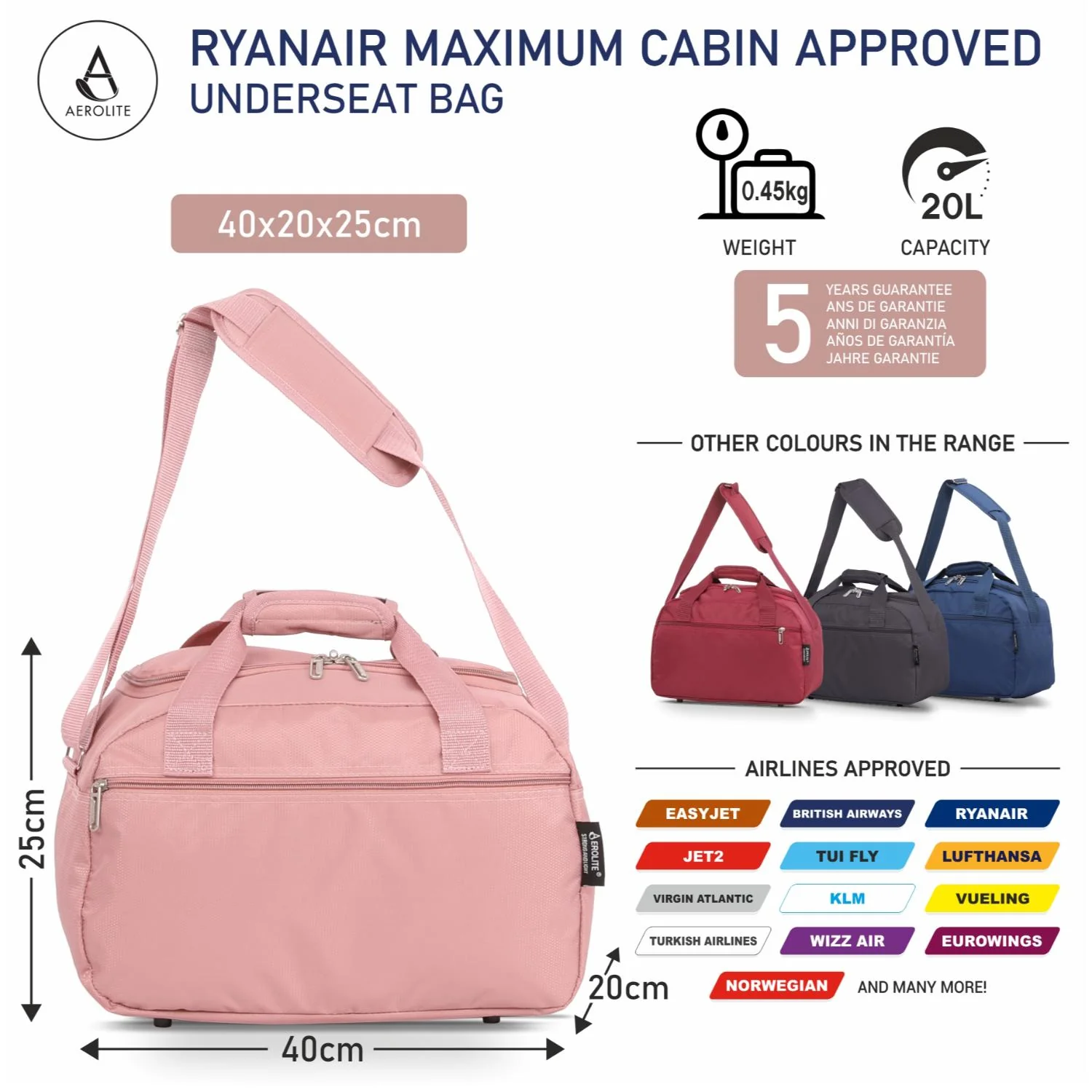 Aerolite Ryanair Bundle (55x35x20cm) Lightweight ABS Hard Shell Travel Carry On Cabin Suitcase + (40x20x25cm) Ryanair MAXIMUM Sized Holdall Cabin Bag - Image 16