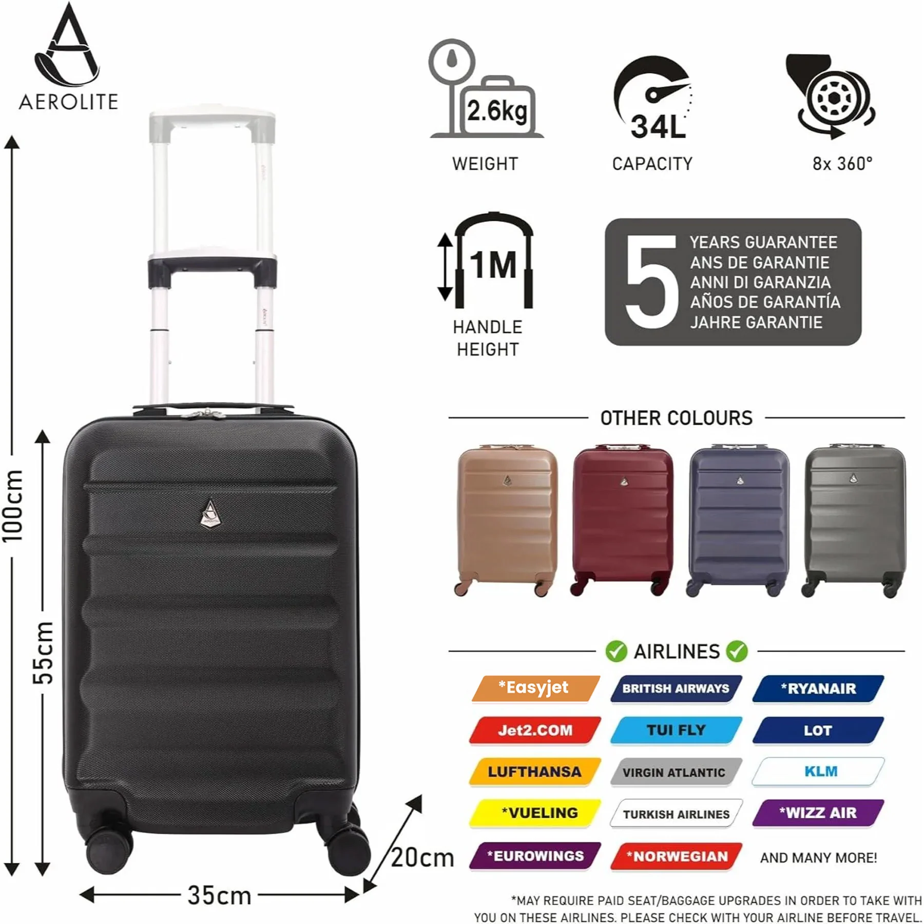 Aerolite 55cm Lightweight Hard Shell 8 Wheels Cabin Suitcase 21" (55x35x20cm), Approved for Ryanair (Priority), easyJet Plus, British Airways, Virgin Atlantic, Jet2 and More - Image 9