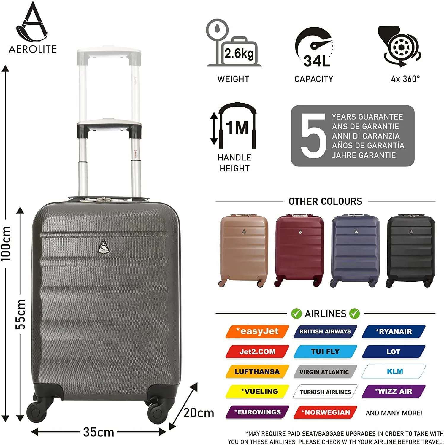 Aerolite (55x35x20cm) Set of 3 Lightweight Hard Shell Cabin Suitcase (x3 Set), Free 40x20x25cm Holdall & Luggage Scale, Approved For Ryanair (Priority), easyJet (Flexi/Plus/Large Cabin) - Image 5