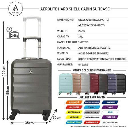 Aerolite (55x35x20cm) Lightweight Hard Shell Cabin Luggage and (40x20x25cm) Black Holdall - Image 2