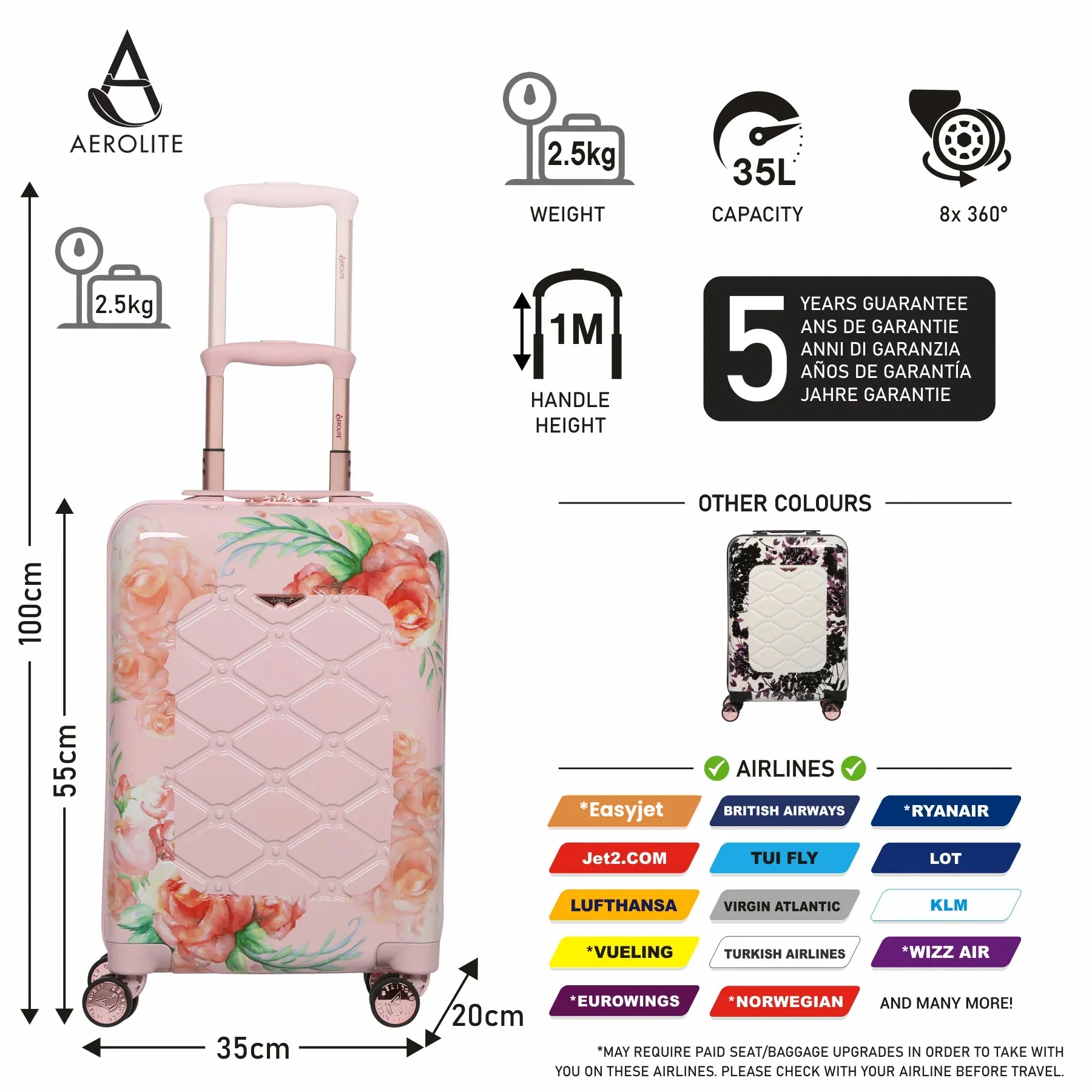 Aerolite (55x35x20cm) Premium Hard Shell Designer Cabin Suitcase, Approved For Ryanair (Priority), Easyjet (plus/flexi/up front/extra legroom/large cabin upgrade), British Airways, Wizz Air, & Many More - Image 16