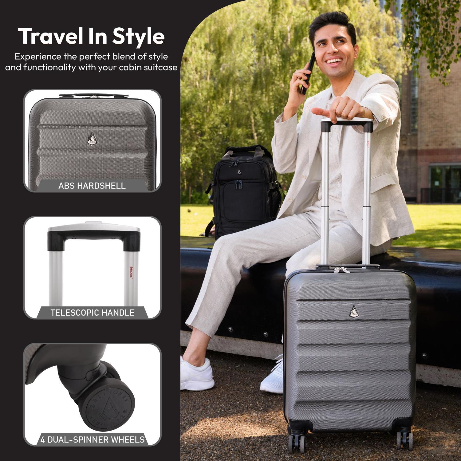Aerolite (55x35x25cm) Hard Shell Carry On Hand Cabin Luggage Suitcase with 4 Wheels and Built-in TSA Combination Lock, Max Size for Air Europa, Air France, Alitalia, KLM & Transavia - Charcoal - Image 3