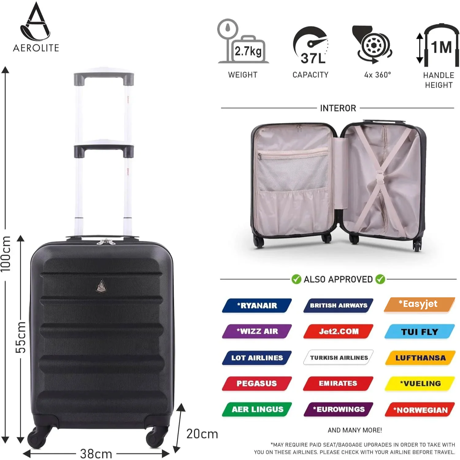 Aerolite (55x38x20cm) Emirates Max Size Hard Shell Carry On Hand Cabin Luggage Suitcase with 4 Wheels, Fits Ryanair, British Airways, easyJet & Many More - Image 10