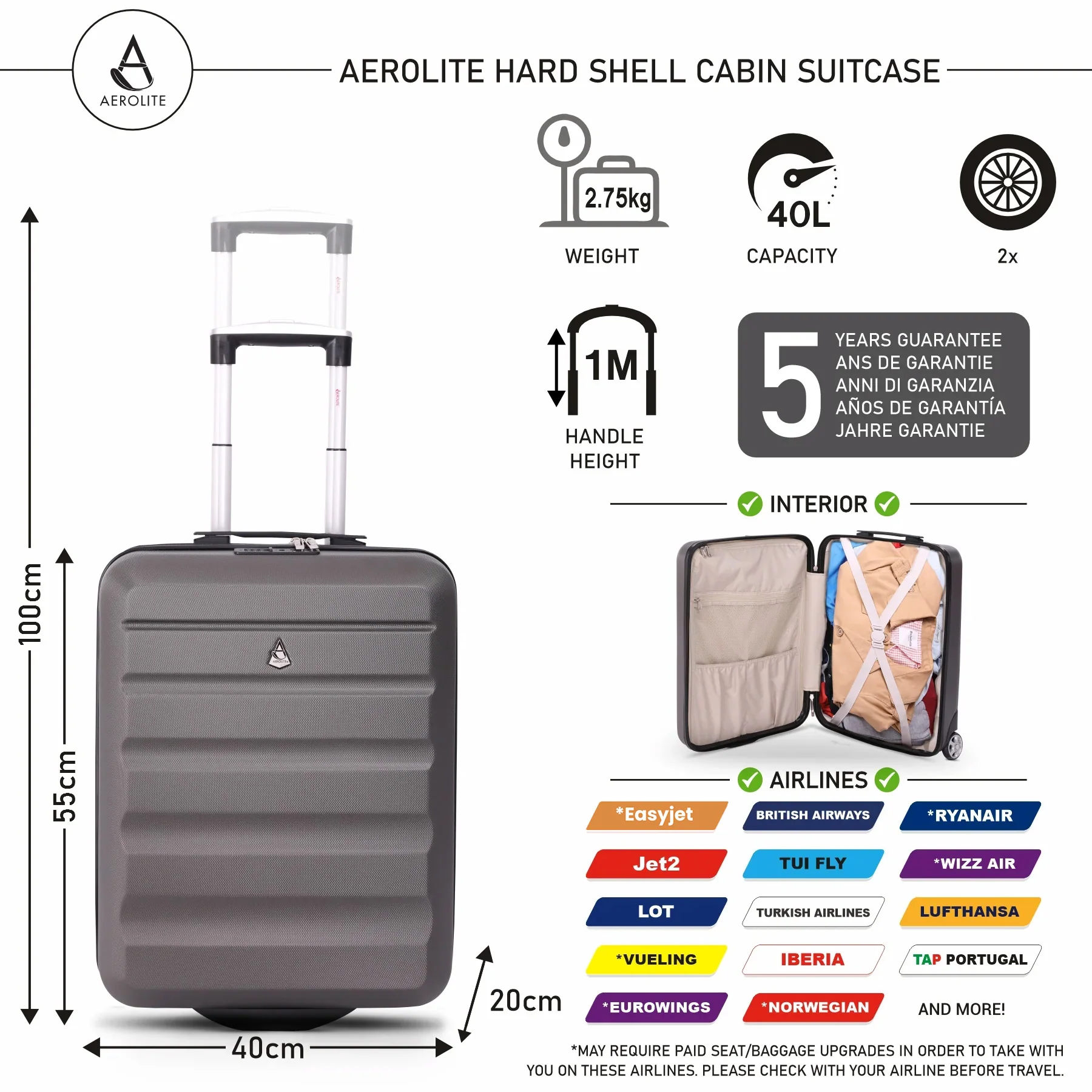 Aerolite Ryanair Maximum Bundle (55x40x20 Suitcase + 40x20x25 Holdall) 2-Piece Carry On Hand Cabin Luggage Set Bundle - Image 3