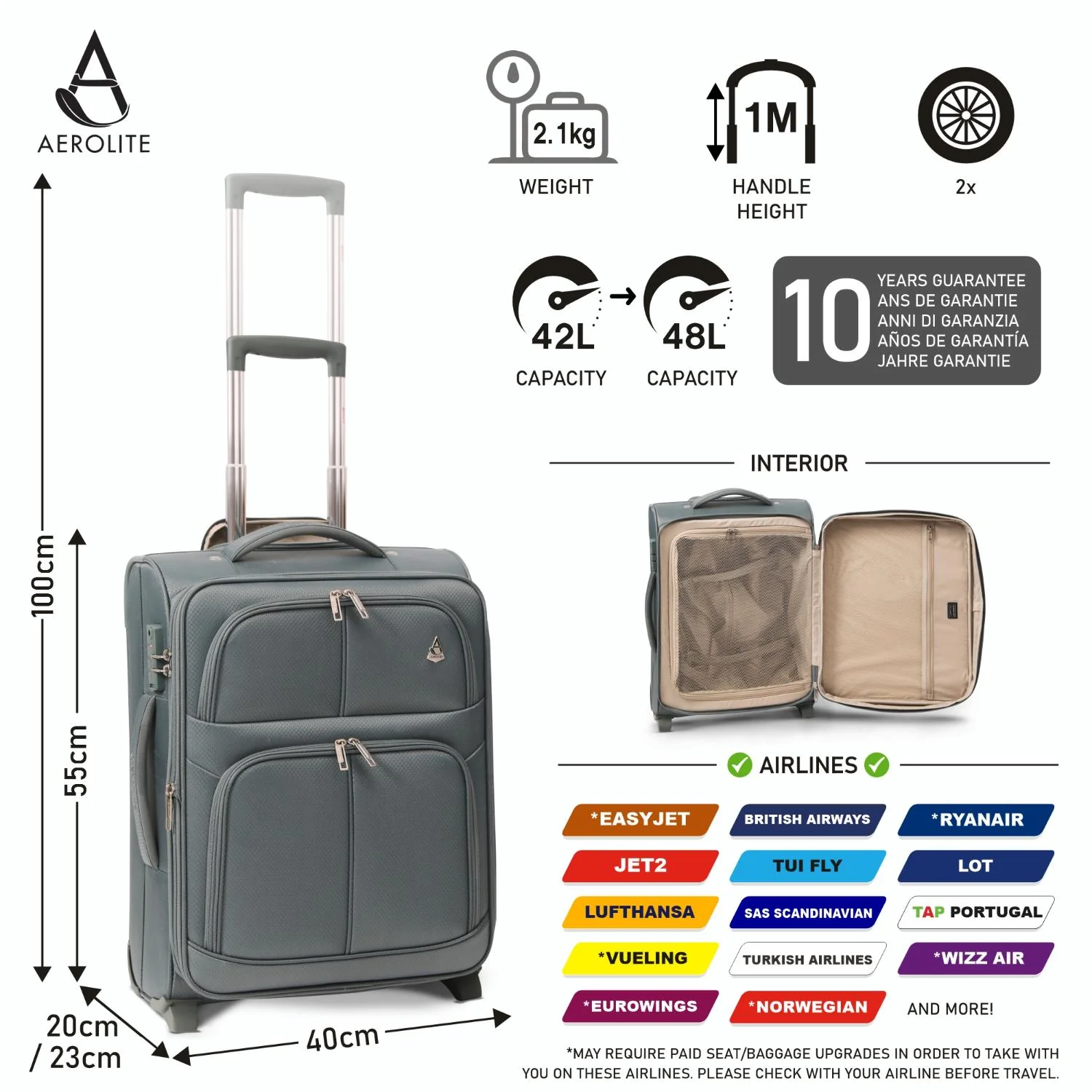 Aerolite Expandable 55x40x20cm to 55x40x23cm Ryanair Priority, Wizz Air Priority, Lufthansa Max Size Lightweight Soft Shell Carry On Hand Cabin Luggage Suitcase with 2 Wheels - Image 4