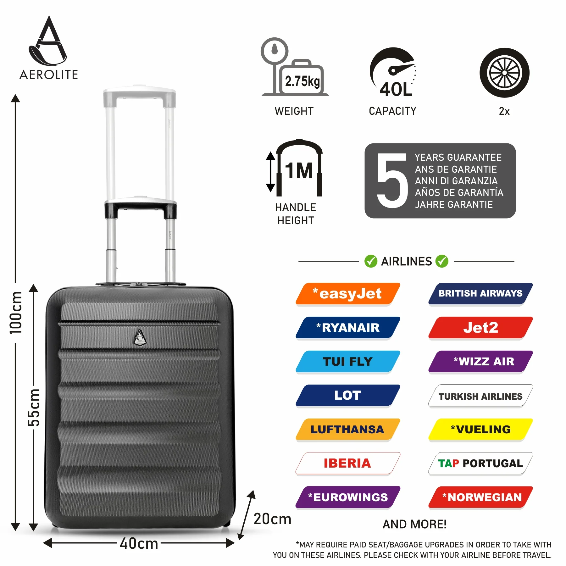 Aerolite (55x40x20cm) Lightweight Hard Shell Cabin Hand Luggage (x3 Set) - Image 2
