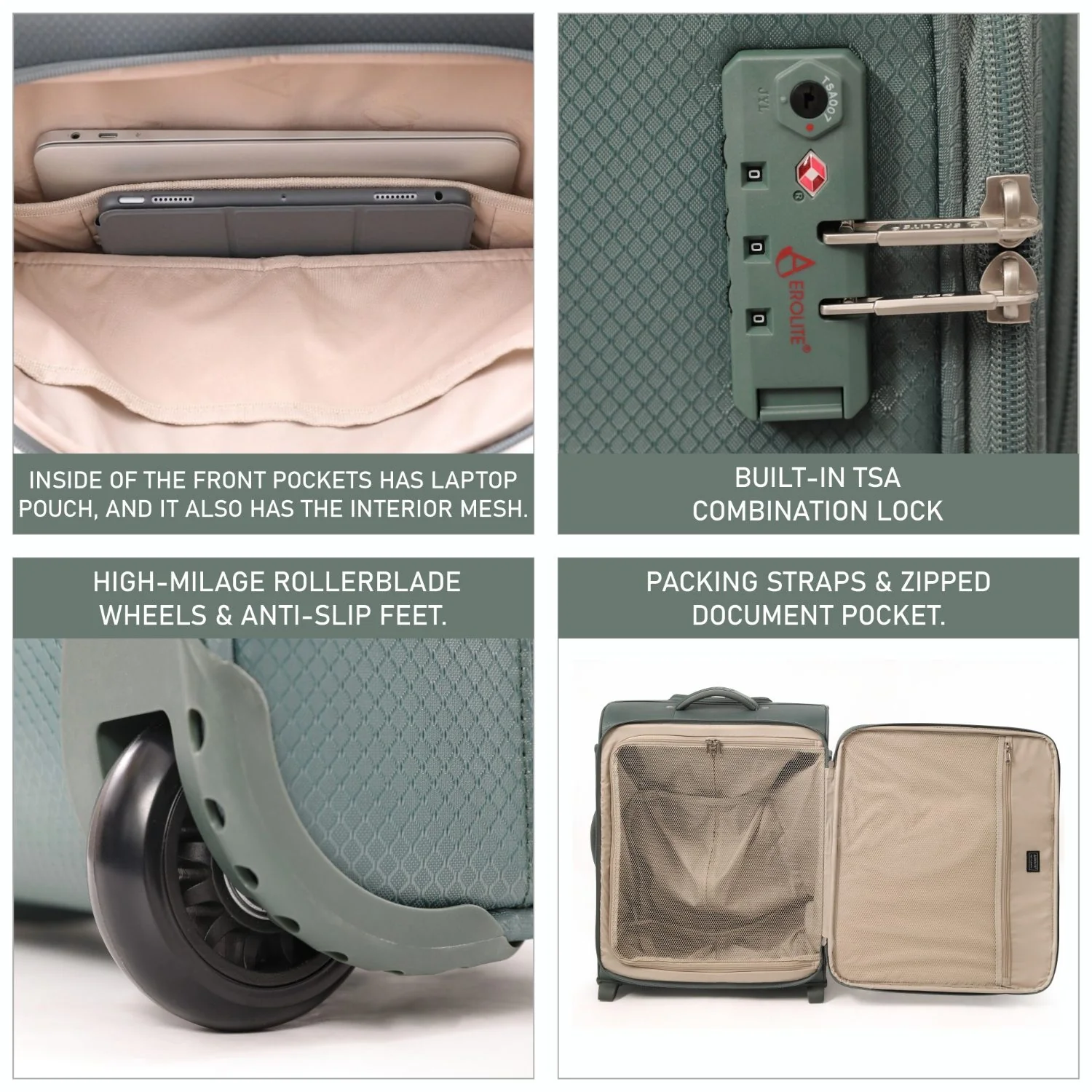 Aerolite 56x45x25cm Cabin Suitcase – EasyJet Large Cabin & British Airways/Jet2 Approved Carry On Luggage, Lightweight 60L 2-Wheel Travel Bag with TSA Lock (Green) - Image 3