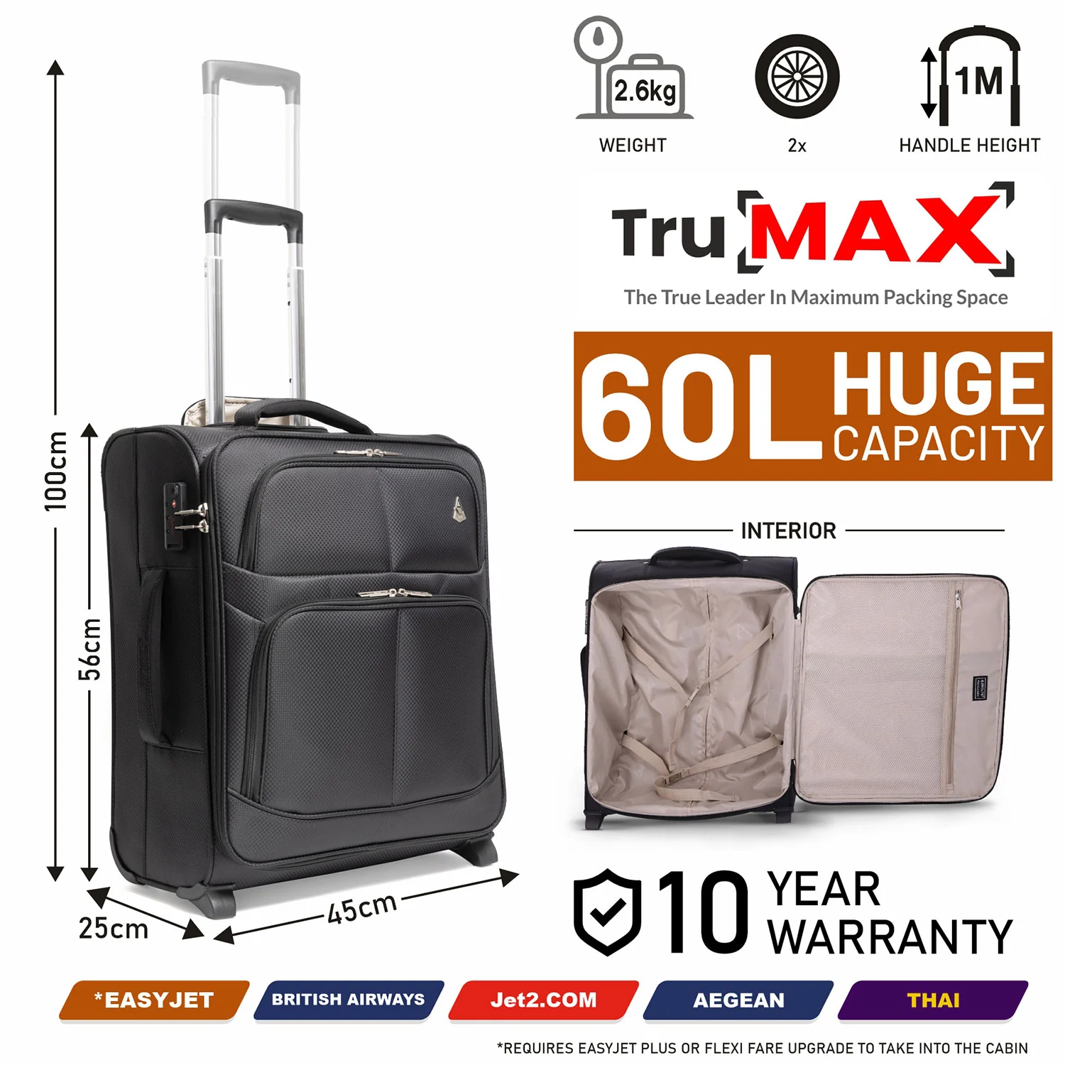 Aerolite (56x45x25cm) Easyjet Large Cabin, British Airways Jet2 Maximum Soft Shell Cabin Suitcase & (45x36x20cm) Easyjet Max Holdall - Image 4